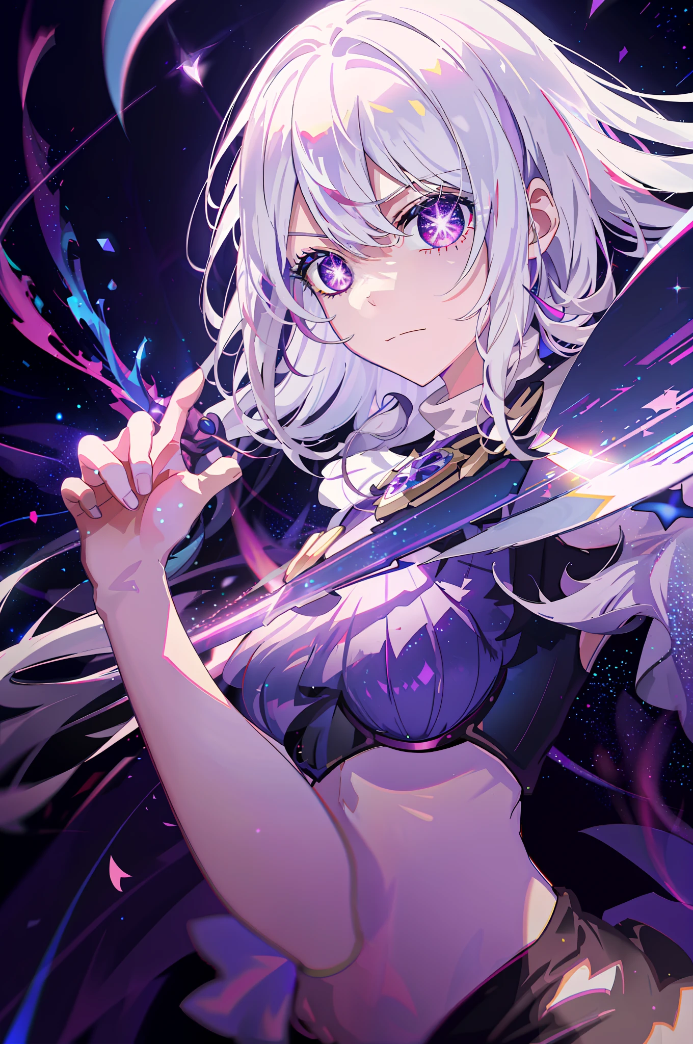 colorful, 1 girl, white hair, purple eyes, sexual, double hilt, sword, hand sword, blue flames, glitter, shiny weapon, light particles, wallpaper, chromatic aberration,