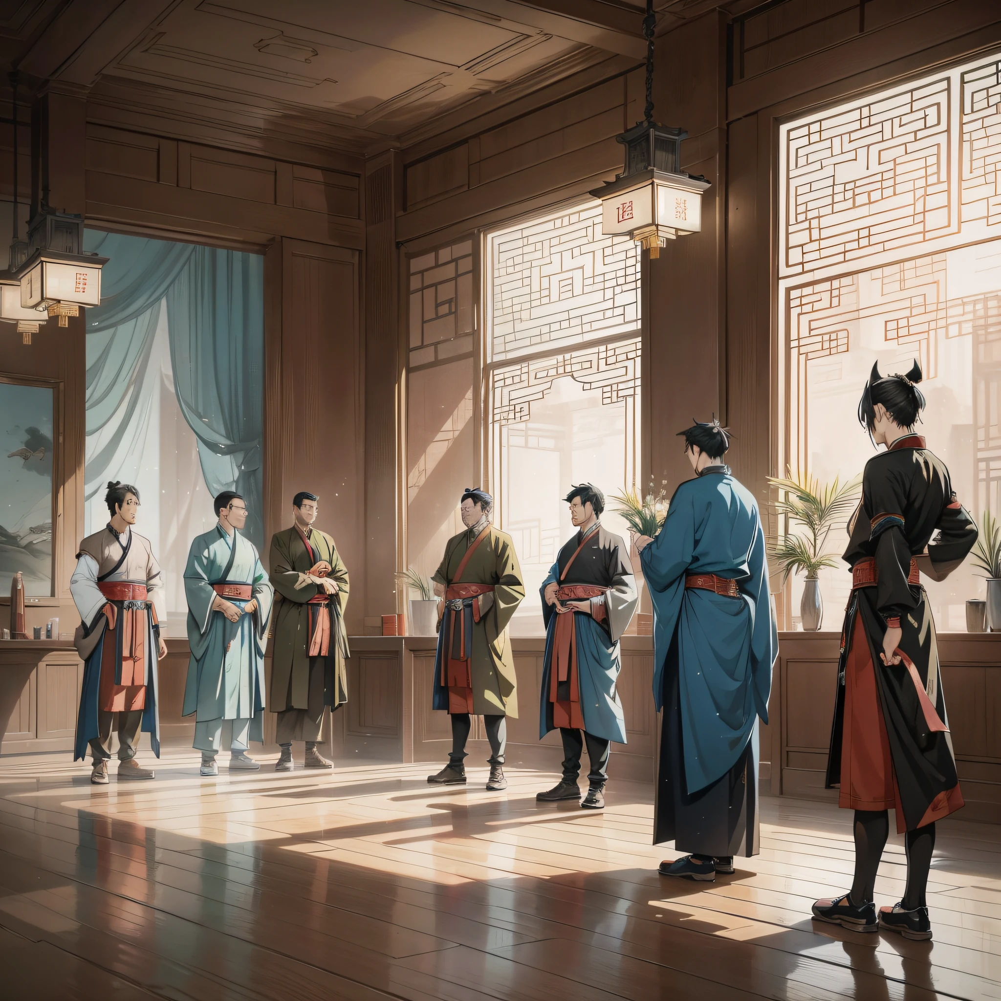 Several men in ancient China stood in the room and stood around to discuss things and have a meeting, ((background is ancient Chinese 1.5) anime style 4 K, anime rendering, anime style. 8K, (cinematic lighting 1.5)