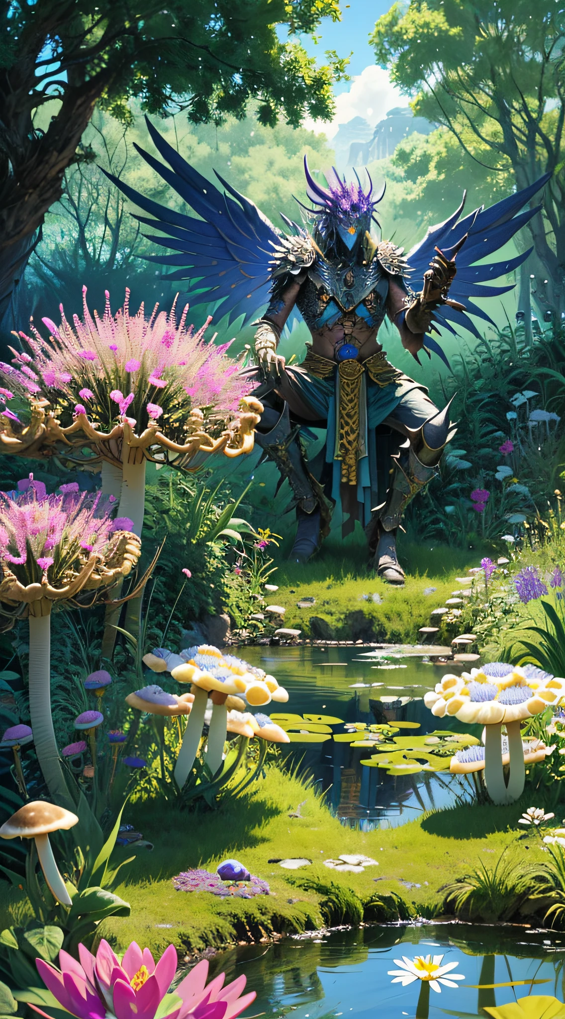 1humanoid), character focus, (a circular natural pond), (detailed flowers in foreground), mushrooms in the background, detailed, abusrdres, 8k, desert, , detailed eyes, angry expression, zerg, spiky hair, predator, purple skin, detailed eyes, detailed wings, dripping, green pustules, fungi, infection, (brain exposed), Crab: 1.4)