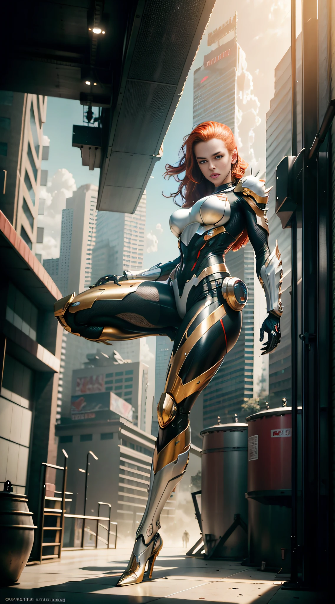 RAW, masterpiece, ultra thin photo, best quality, ultra high resolution, photorealistic, sunlight, full body portrait, incredibly beautiful, dynamic poses, sexy, delicate face, vibrant eyes, (red hair), she is wearing a futuristic wolverine unform, adamantium claws, red and gold color scheme, highly detailed robot factory background, detailed face, detailed and complex busy background, messy, gorgeous, milky white, highly detailed skin, realistic skin details, visible pores, sharp focus, volumetric mist, 8k uhd, dslr camera, high quality, film grain, fair skin, photorealism, lomography, expanding metropolis in futuristic dystopia, view from below, translucent,