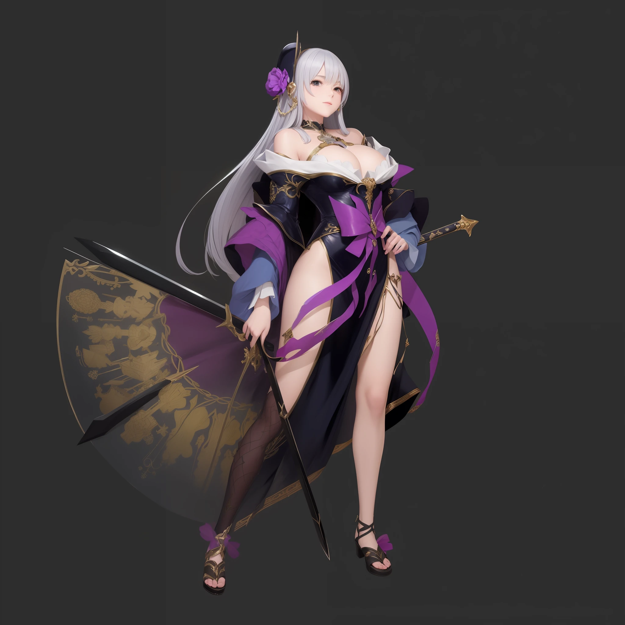 (8k, RAW photo, best quality, masterpiece:1.2), european feel, medieval, anime girl in dress with sword and hat, full portrait of elementalist, full body adoptable, official character art, full body illustration, clear costume design, beautiful anime character design, cute anime outer house wearing beautiful clothes, gorgeous costumes, ((character concept art)), Rune Factory 5 art styleStill life, Fine detail, center of screen, still life only, ((simple background)), white background,