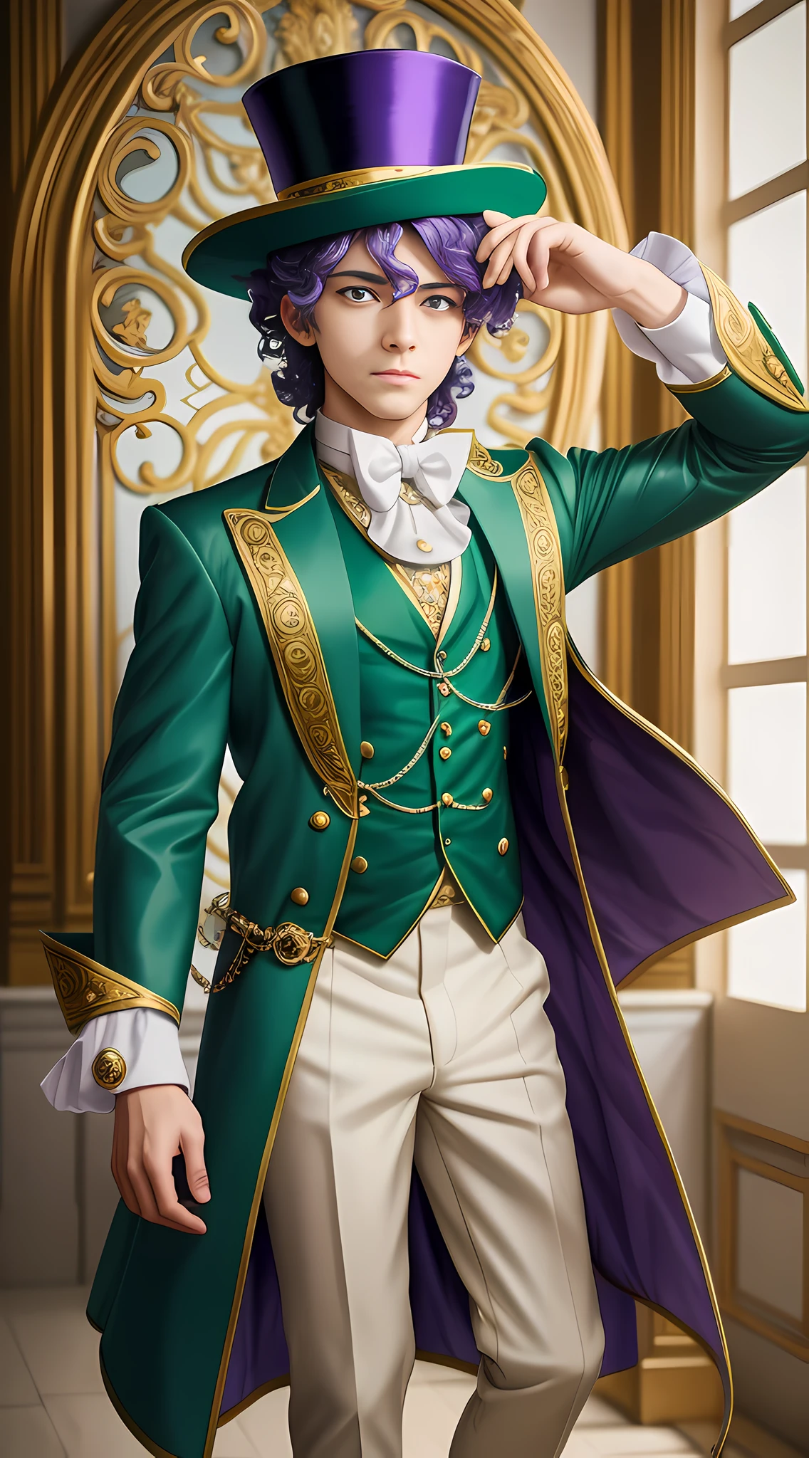Blindt is a young man with blue eyes and long eyelashes, and curly cone-shaped violet hair styled into five cone-ring curly cones. His costume is a late Baroque-style outfit, consisting of a moss-colored frock coat with pearl embroidery, a white cravat with a red brooch, a bright green justacorps with edges and golden sleeve frame, a coordinated green top hat, brown pants, white socks, white heeled shoes with gold buckles and white gloves, Playing Beyblade, Yogoh Anime Style