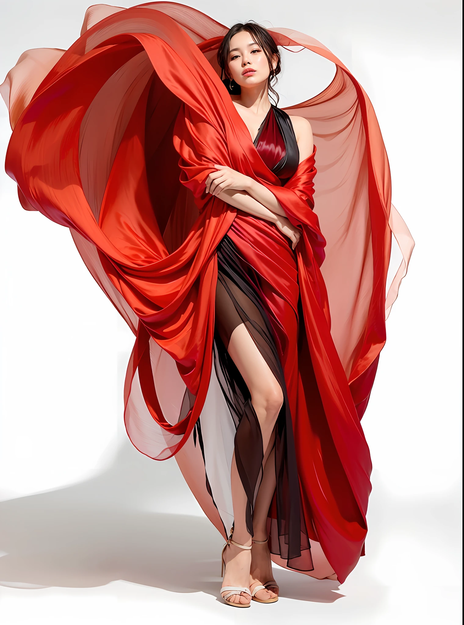 A woman in a red dress poses with a veil, draped in flowing fabrics, beautiful flowing fabrics, flowing fabrics, golden and red silk flowing fabrics, black silk flowing in the wind, long flowing fabrics, inspired by Richard Arvidon, transparent translucent fabrics, endless flowing ethereal drapery, flowing dresses, black and red silk clothing, inspired by Burt Stern, draped in silk