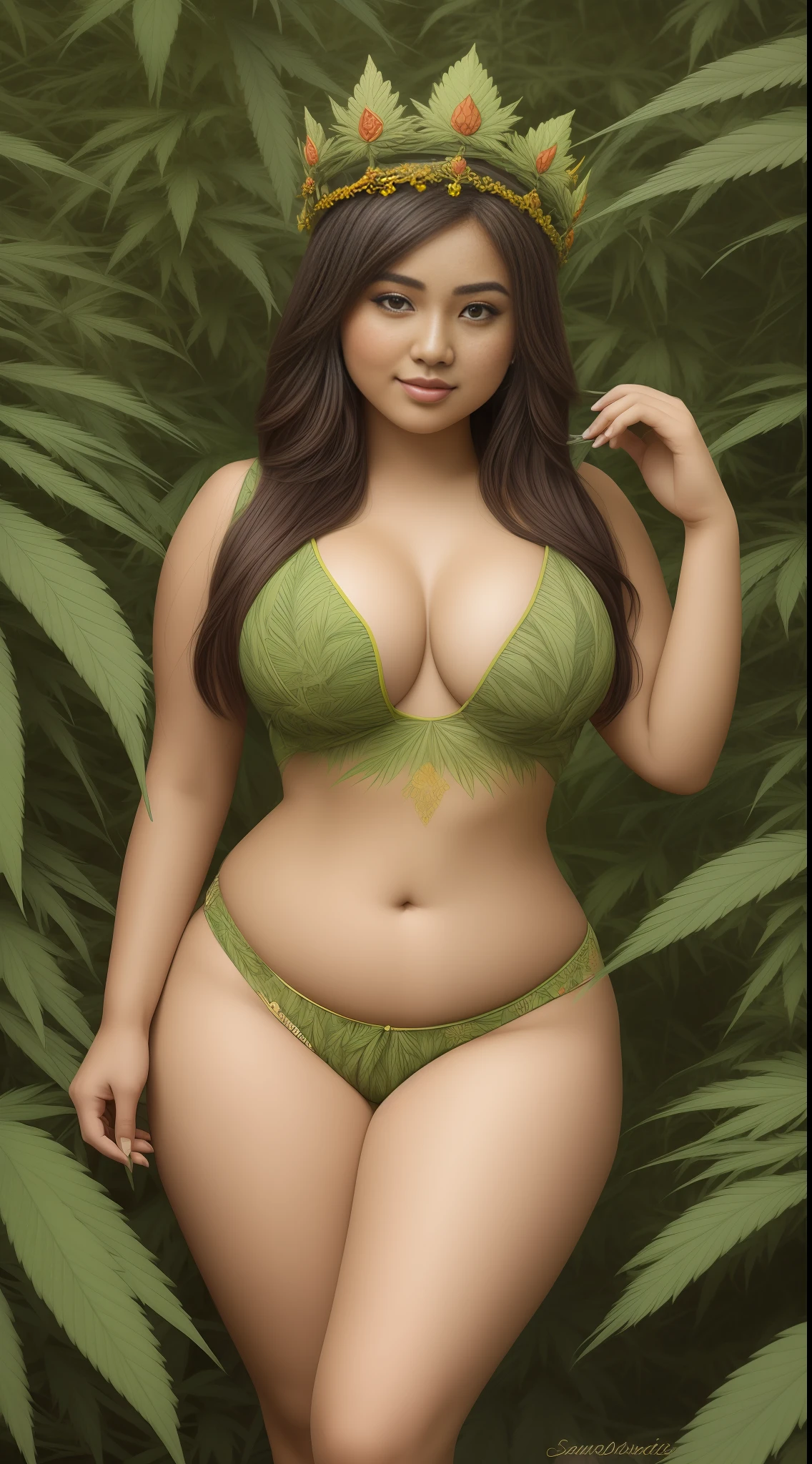 CG art of a beautiful Sundanese girl, 1girl, (Wina Dana Riniy:1.2), (marijuana goddess:1.2), (marijuana queen:1.2), (marijuana leaf crown:1.2), cute girl, (curvy-voluptuous-thick body type), exotic, (full body shot), Sam Yang art, Sundanese culture,
glamor pose, smirk, eyebrow up,
pastel color, calm tones, 58 mm,
detailed marijuana West Java garden background,
(paint by SamDoesArts:1.3)