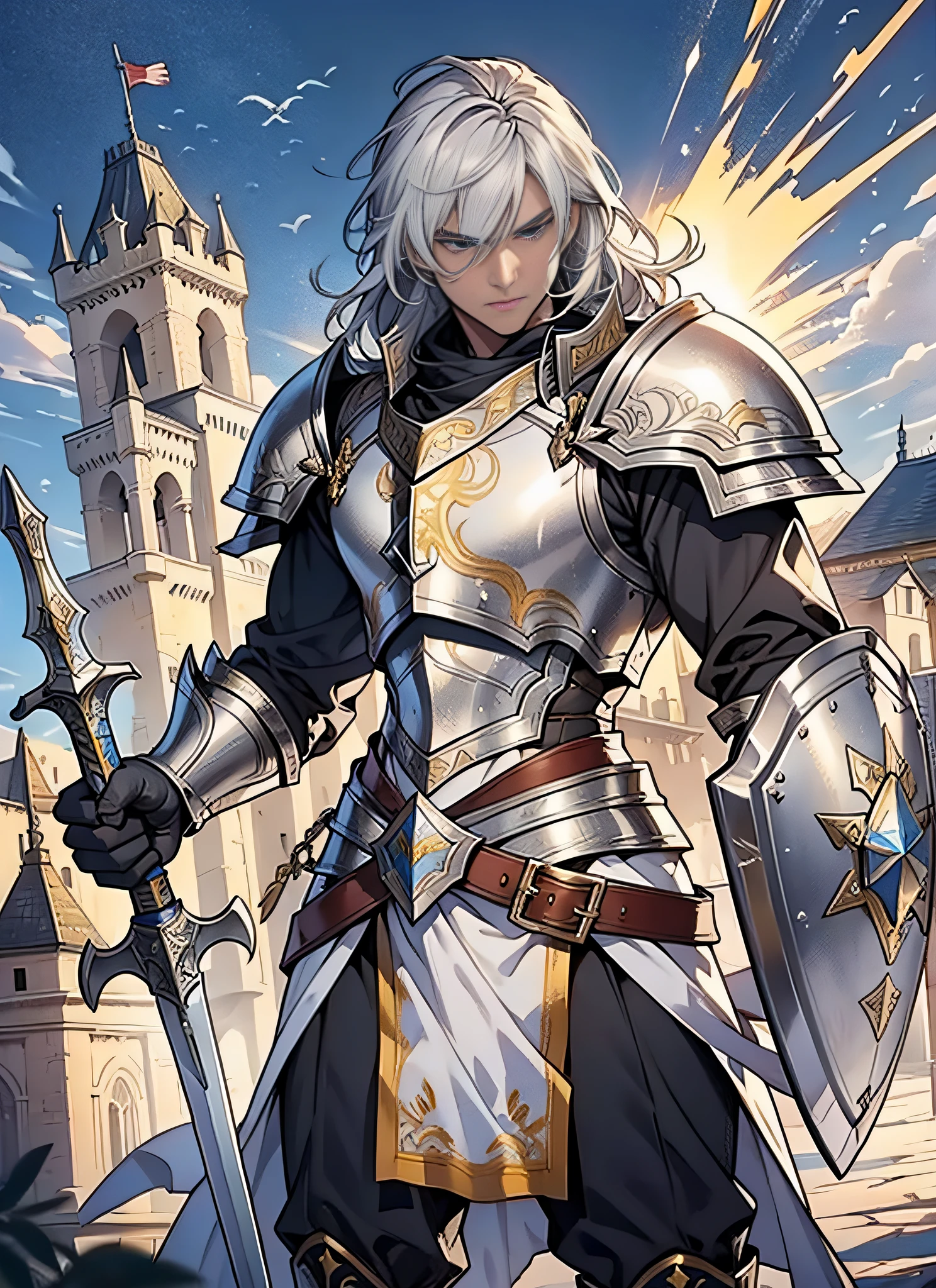 older male sun paladin wearing silvery armor and wielding a sword and shield atop a castle rampart