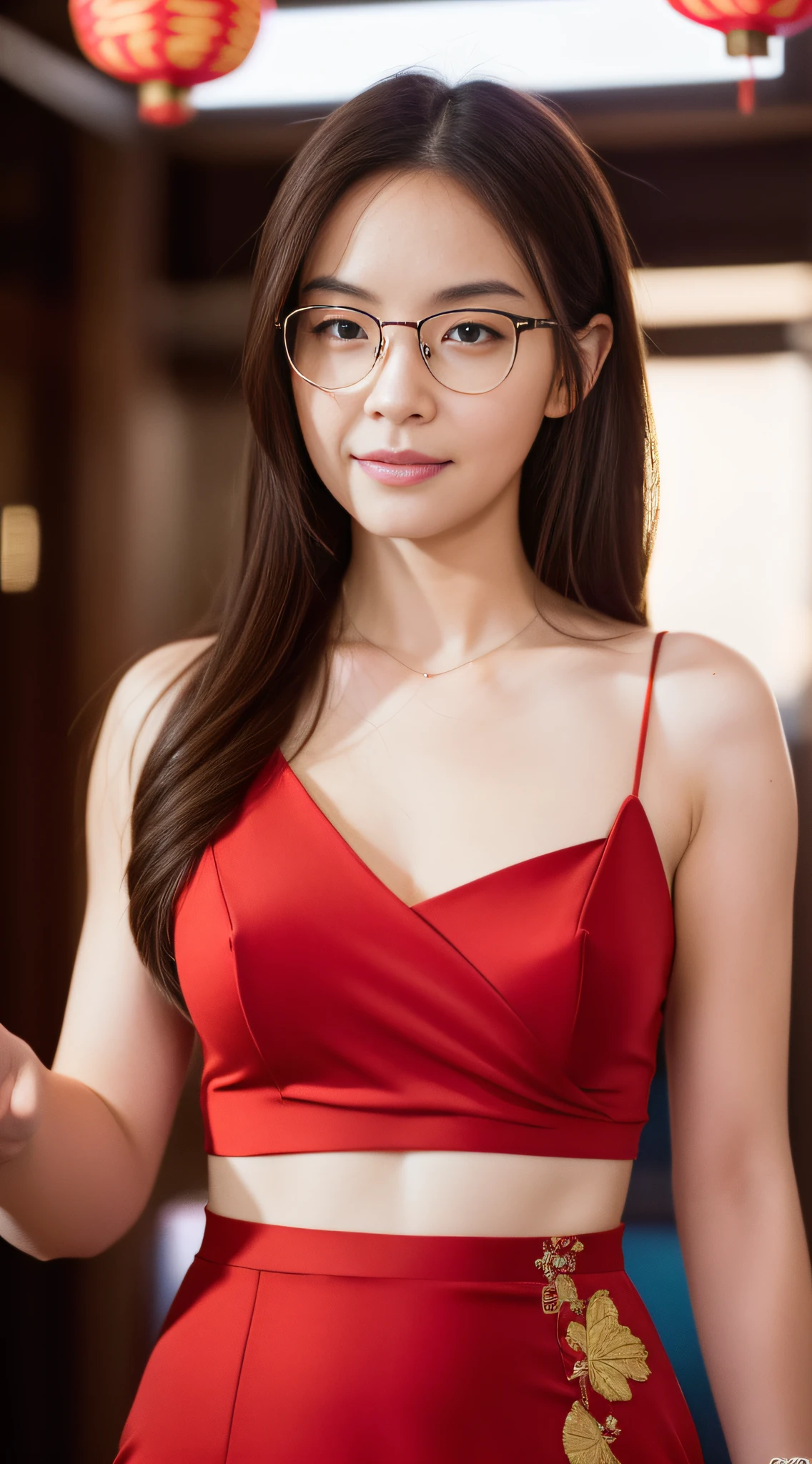 ((Realistic lighting, Best quality, 8K, Masterpiece: 1.3)), Clear focus: 1.2, 1girl, With Glasses, Perfect Body Beauty: 1.4, Slim Abs: 1.1, ((Dark Brown Hair, Medium Breasts: 1.3)), (Red Chinese Dress: 1.4), (Chinatown, Day: 1.1), City Street, Super Fine Face, Fine Eyes, Double Eyelids