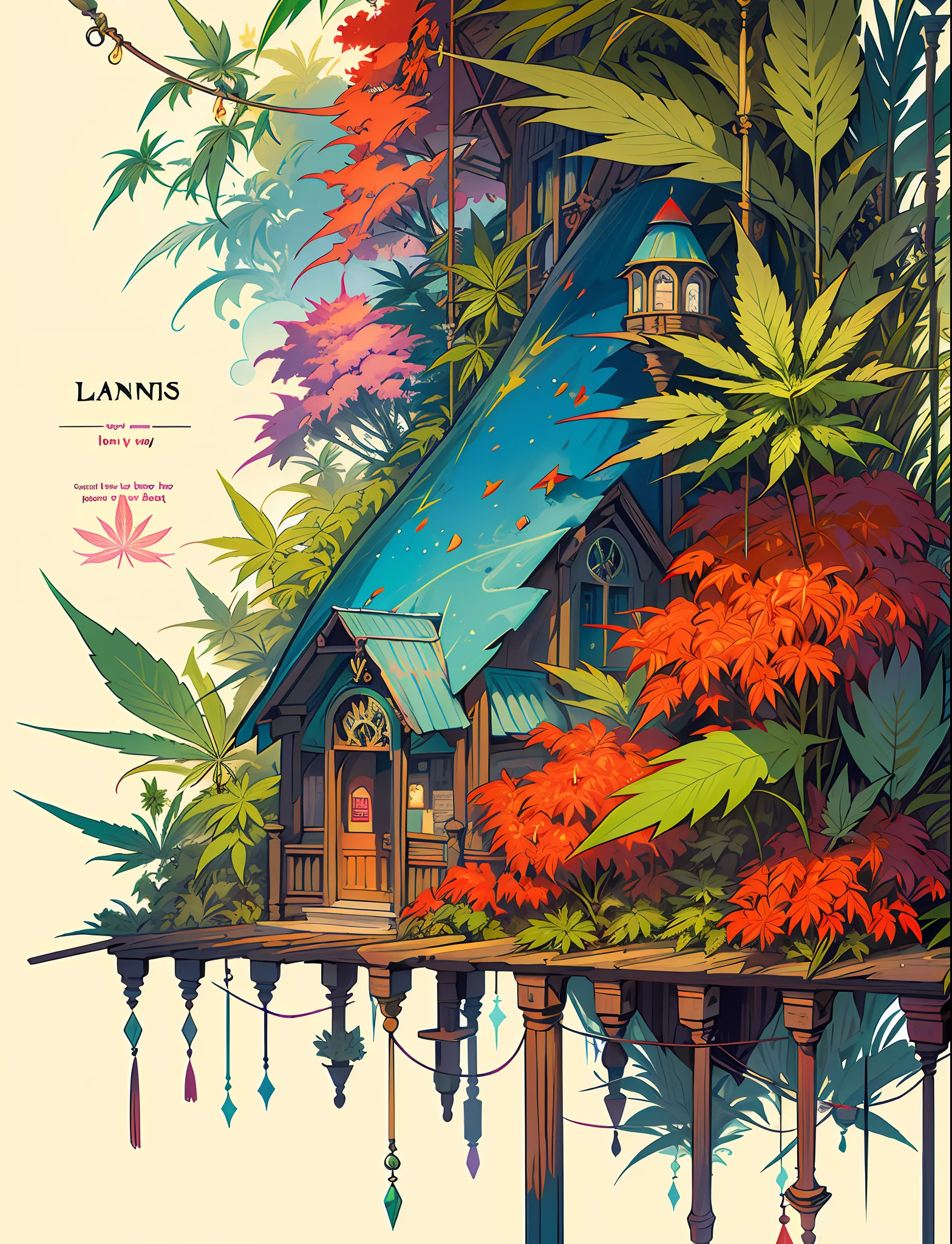 Train Close up (((train))) in love Hemp, leaf, marijuana, cannabis cone, ((illustration)), colorful, wallpaper, energy, secret, magical environment, magical environment, magic wand, pages flying in the sky, omniscience, prediction of the future, understanding the past, frost magic, spells, red hair, long hair, --v 6