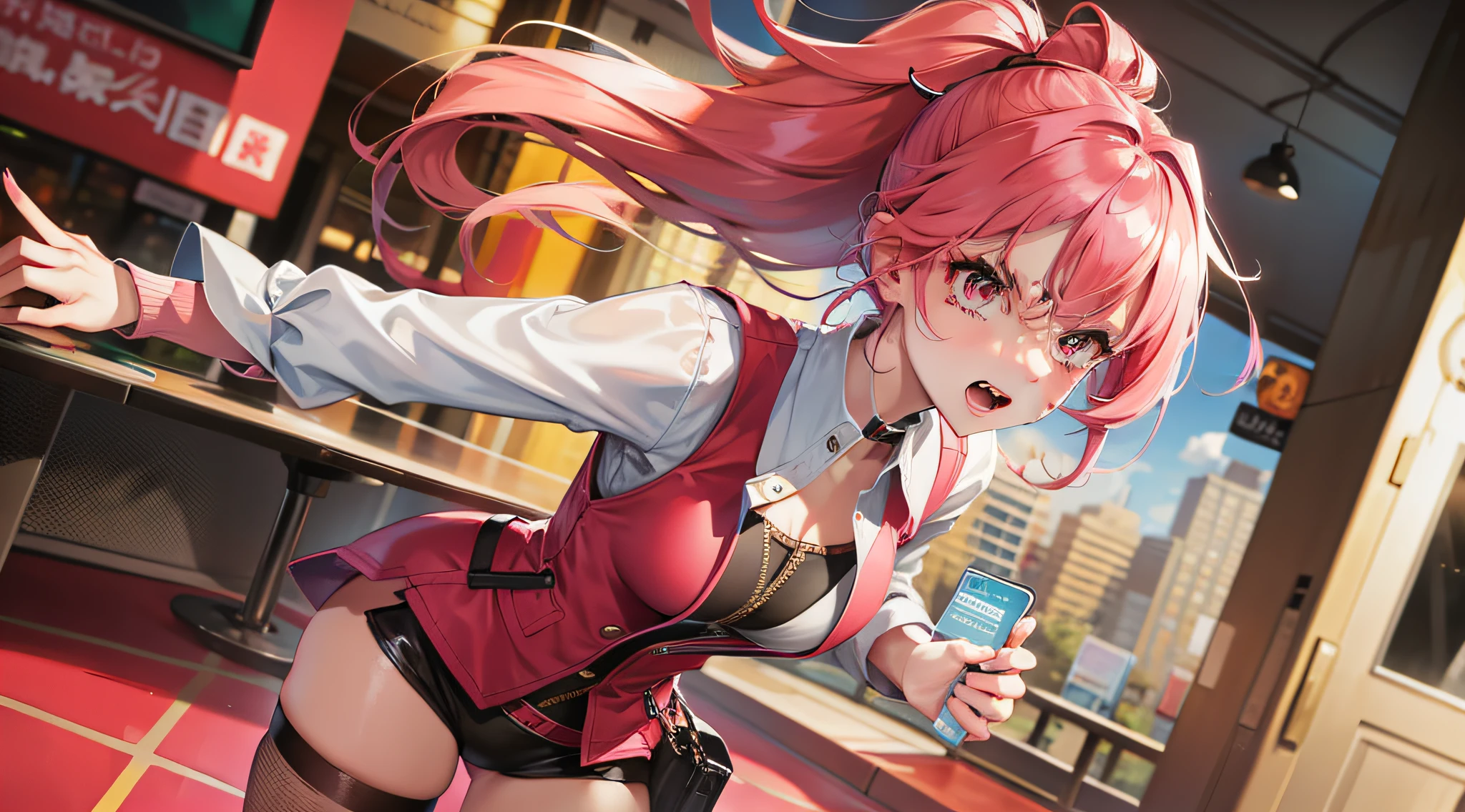 A woman with pink hair and a red vest looks angry