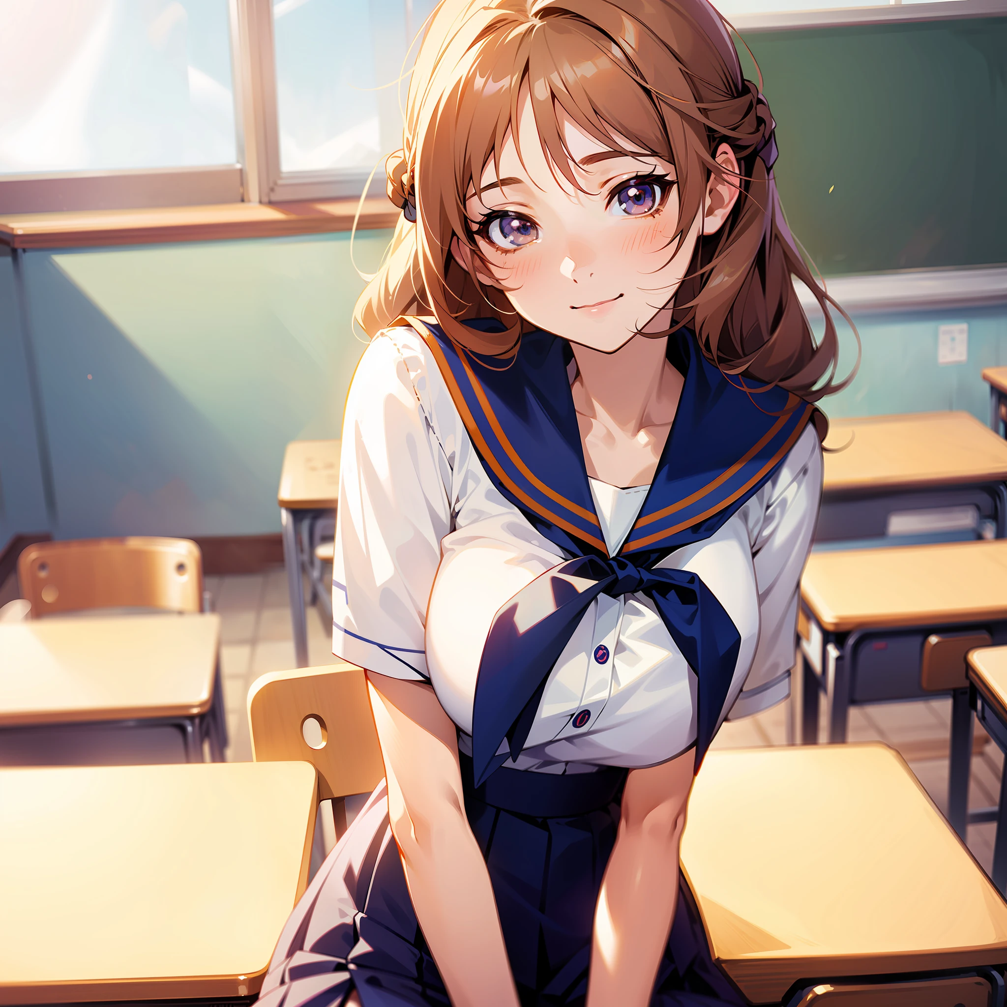 Anime girl in uniform sitting at classroom desk, smiling, beautiful anime schoolgirl, realistic schoolgirl, surreal schoolgirl, cute anime girl, cute anime girl, charming anime girl, beautiful anime girl, anime girl, anime girl, smooth anime CG art, (anime girl), anime girl, seductive anime girl, Cute schoolgirl