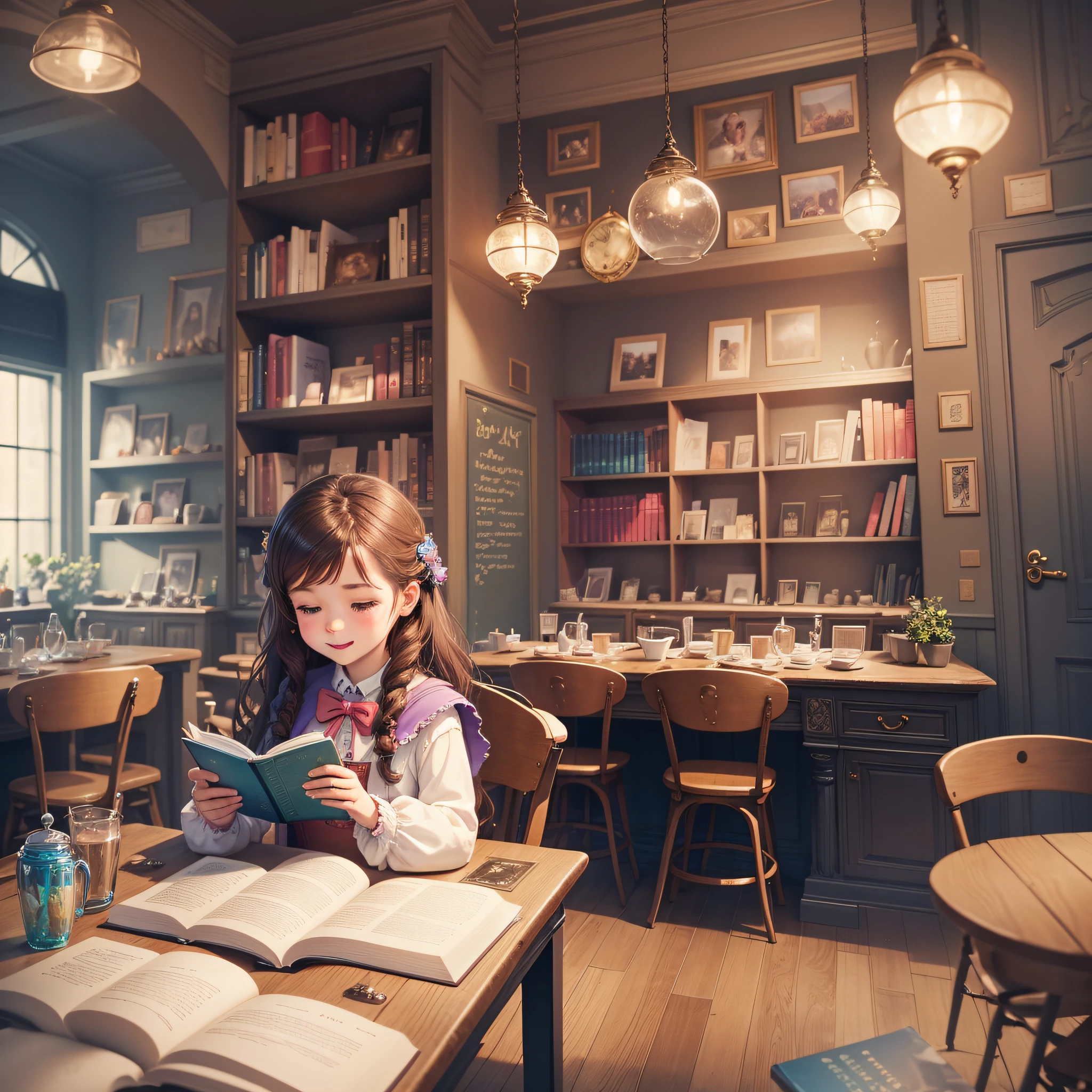 The atmosphere was full of magic and joy. In one corner of the café there was a book corner where unicorn stories were ready to be read.
the girl with the brown hair rummaged through the books and read about brave unicorn adventures, friendships and magic. --auto --s2