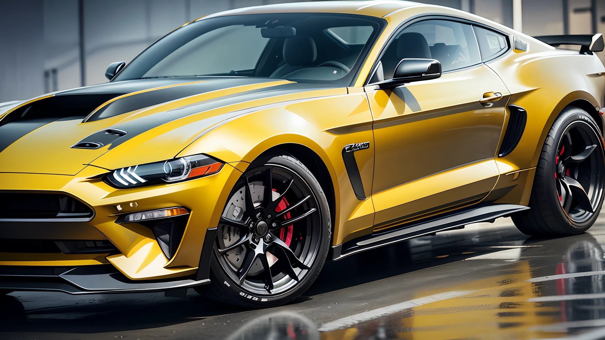 [ Automotive side Photo ]  [Car: Mustang  yellow/black   futuristic car]  [ Environment: Technology: where cars are captured in high-tech environments, such as in front of a futuristic building or in a research lab] [Lighting:Night photography uses low-light conditions to capture the car's exterior and interior features under the night sky] hd, highly detailed, realistic, motion blur, photo taken with Canon Eos R5 8k 45mp telephoto lens. 3D render, Vray, PBR car paint texture, hyper detailed --auto --s2