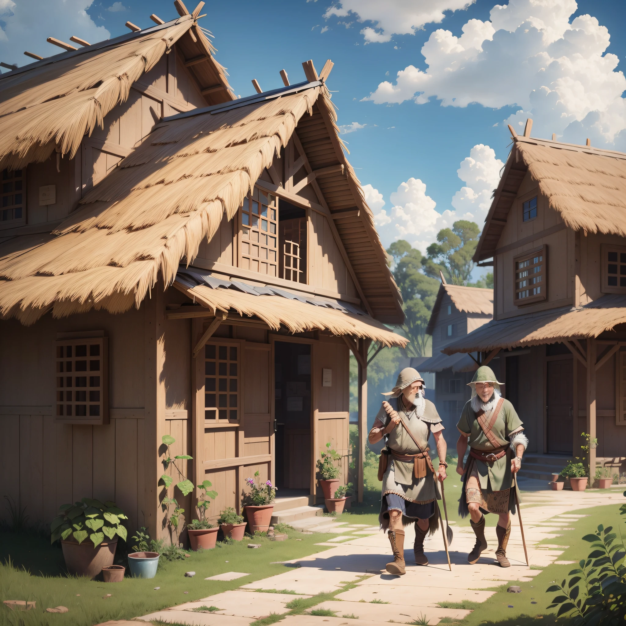 an elder warrior helping a village family with the construction of the house --auto --s2