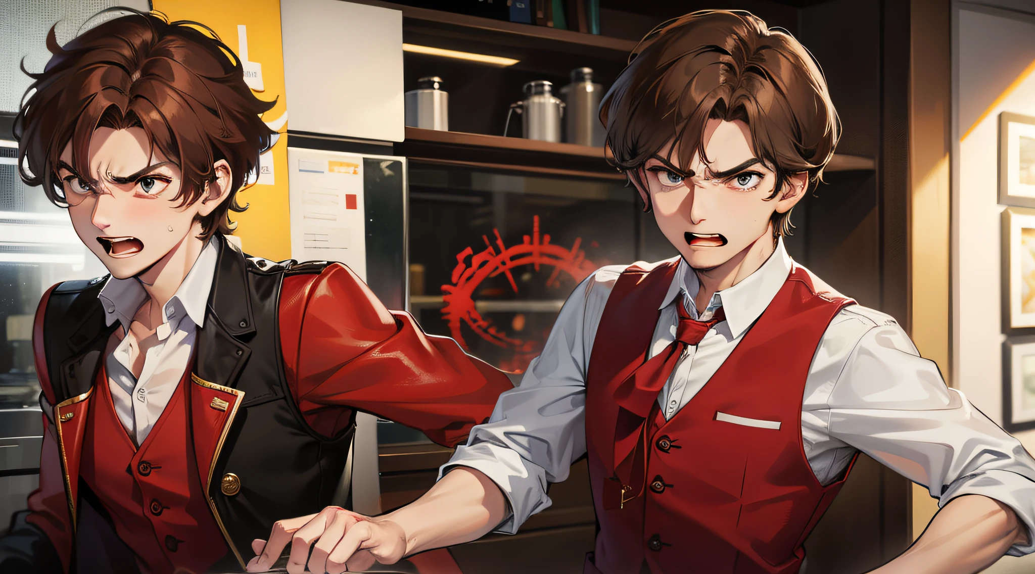 Male, short brown hair, wearing a red vest, with an angry face