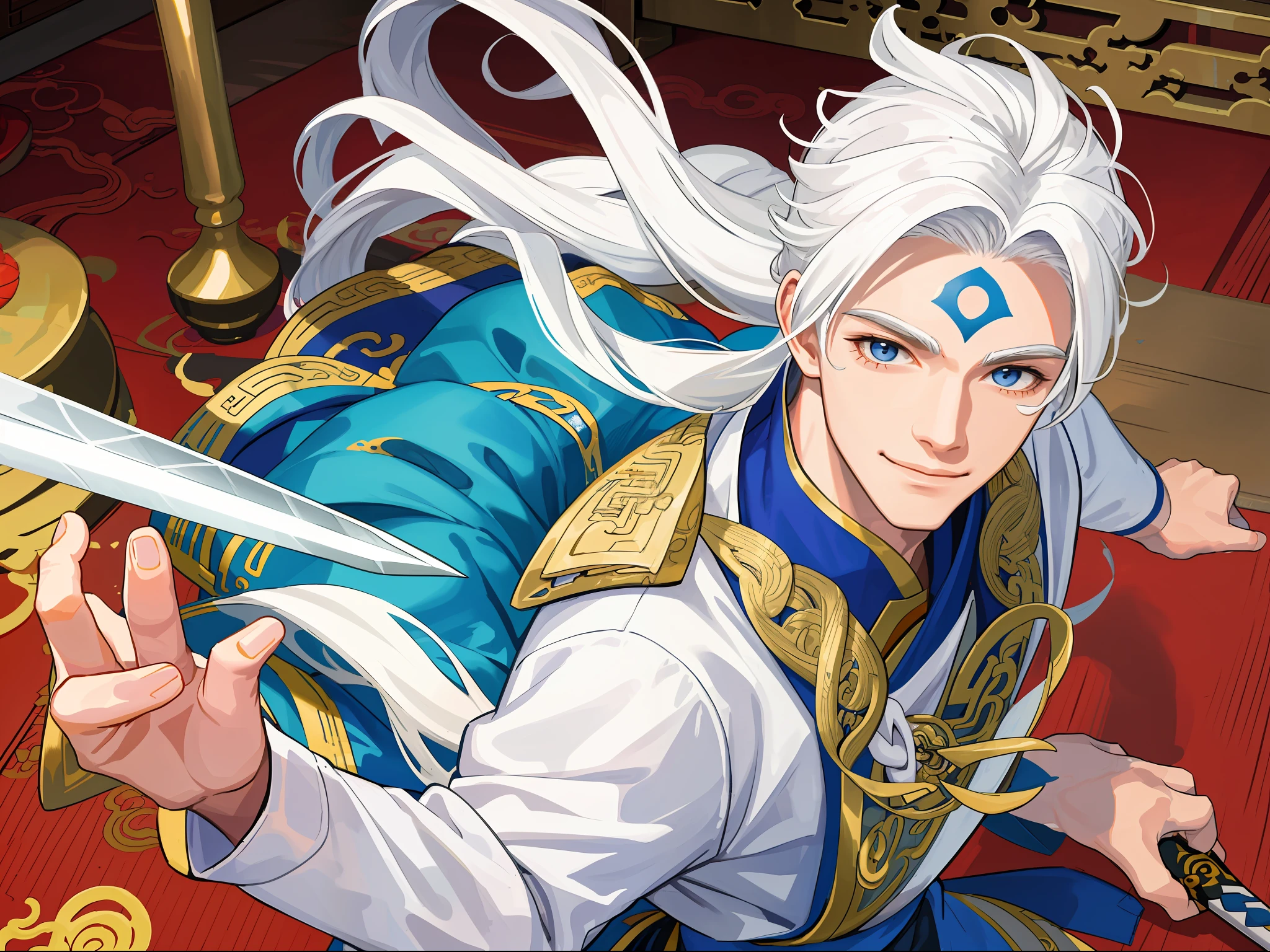 Masterpiece, super-fine, semi-realistic, meticulous facial features, 1boy, white hair, long hair, wearing exquisite fairy costumes, smile, wipe forehead, bedroom, Chinese kung fu, sword