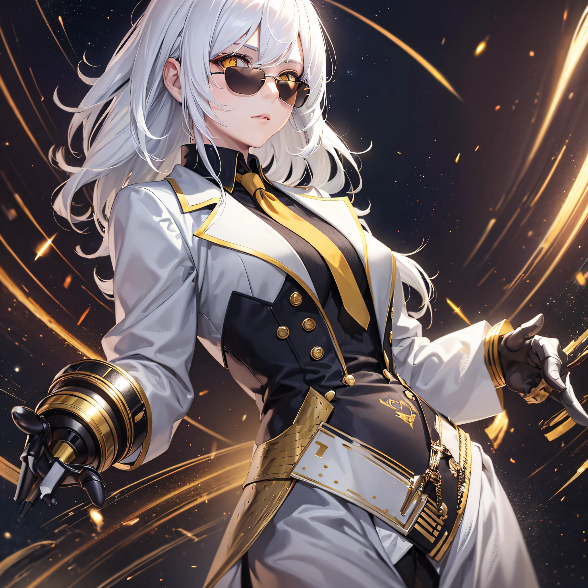 1girl, white hair, yellow eyes, sunglasses, black suit, red tie, silver, gold, looking at camera, light power, space background, curlers, good physique, 4k