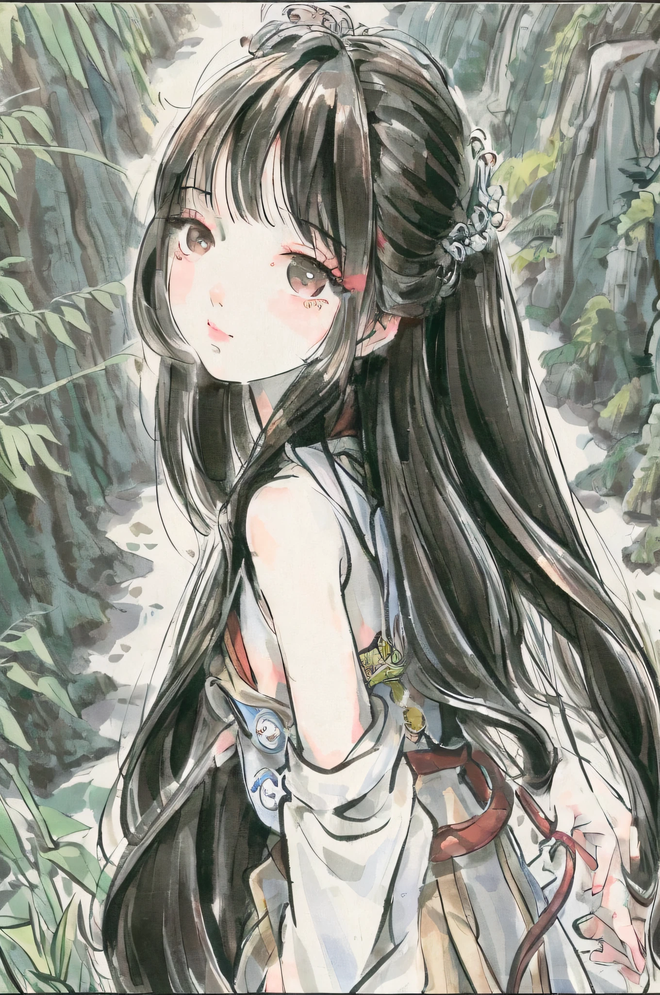 Masterpiece, best quality, official art, 8k wallpaper, very detailed, illustration, 1 girl, left hand raised, a small bird falling on the back of hand, black hair, long hair, detailed eyes, bamboo forest, bare shoulders, lake, pure, soft smile