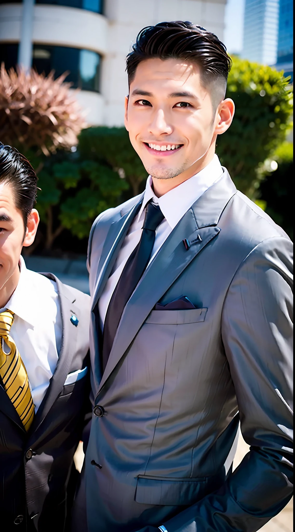 1boy, 35 years old Japanese male, (male:1.5), gray eyes, squint, (very short hair:1.3), under_cut, Pompadour, ((formal)), ((suit)), (handsome, sharp) , smile,))), (stout muscles), (stout physique), SFW, outdoors, detailed background, modern urban,