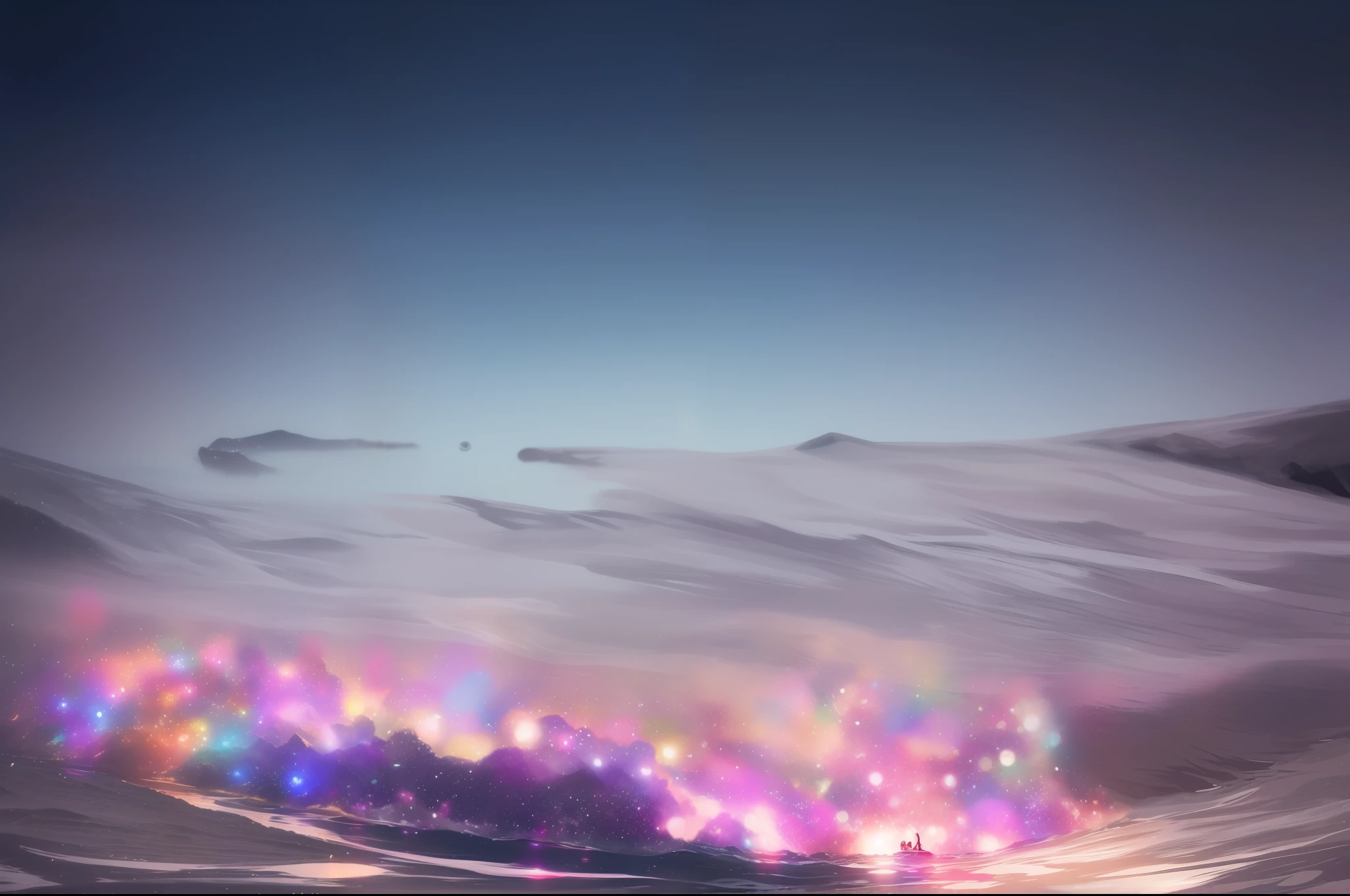 肖像作品:picture of the upper  body  of a character ,a lonely  siren looking  beyond ,long for an adventure ,dawn and dusk at the same  time ,stars  and moon,fantasy ,romantic，失落的遗迹，led 灯生成的海洋 ,飘渺,浮游生物发光体，轻科幻