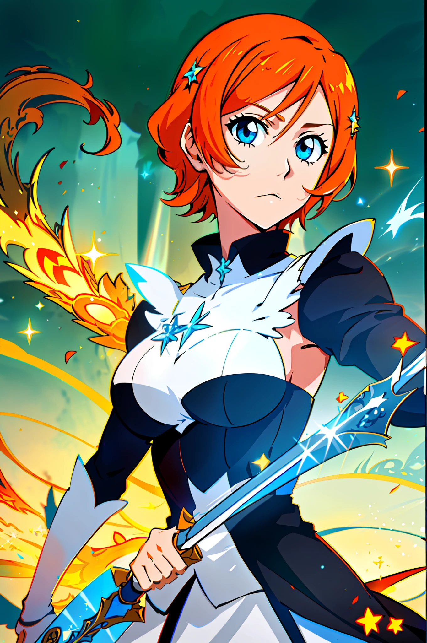 colorful, 1 girl, Orange hair, Blue eyes (bright), double hilt, sword, hand sword, blue flames, glitter, shiny weapon, light particles, wallpaper, chromatic aberration,