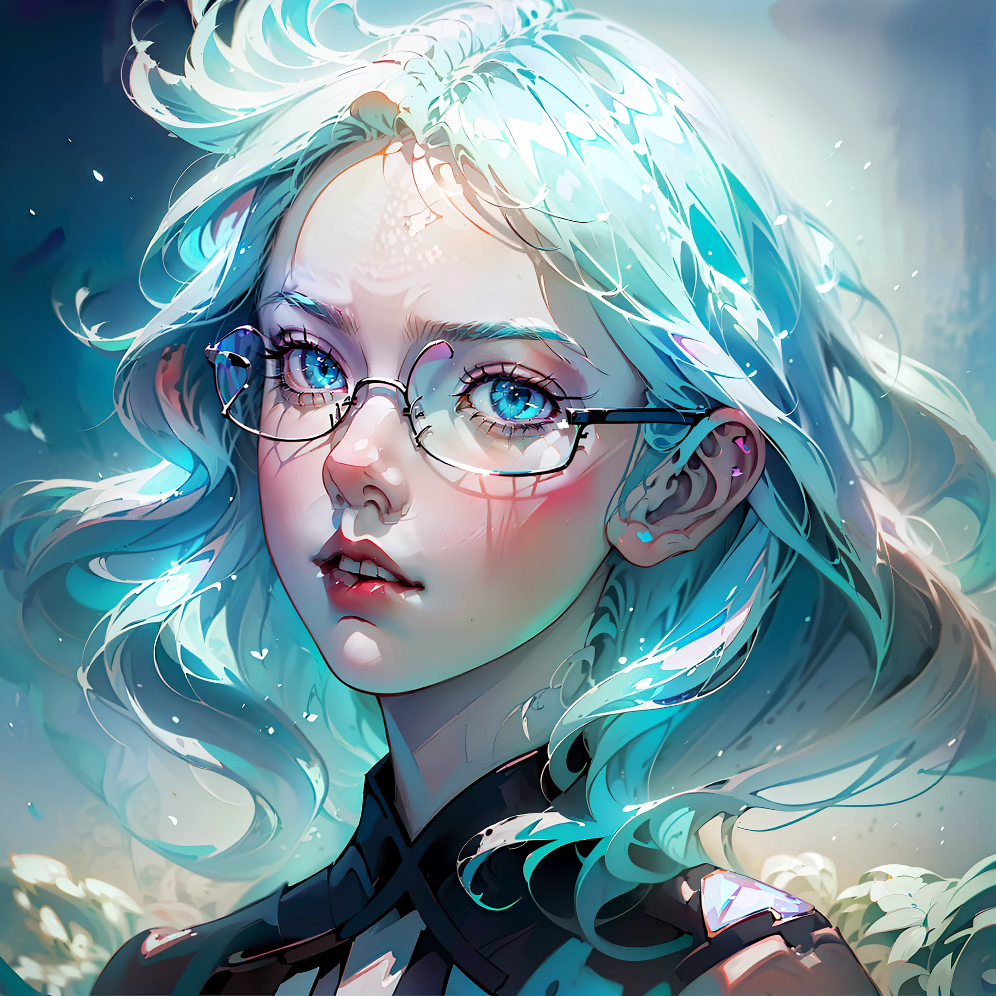 anime girl with light blue hair, aqua eyes, transparent glasses, with square glasses, white glasses, piercing light eyes, light makeup, dreamy aesthetic, glasses glasses, pastel gothic aesthetic, small square glasses, pale porcelain skin, square glasses, pale pale skin!, pale ivory skin, with glasses, kawaii aesthetic, a digital painting inspired by WLOP, winner of Artstation contest, Fantasy Art, Fantasy Art Style, Awesome Digital Illustration, Detailed Digital Anime Art, Beautiful Digital Illustration, Detailed 2D Digital Fantasy Art, Detailed Matte Fantasy Portrait, 2D Digital Fantasy Art, Detailed Digital Fantasy Art, Epic Fantasy Art Style, ((Masterpiece)), UHD,16K,8K,4K