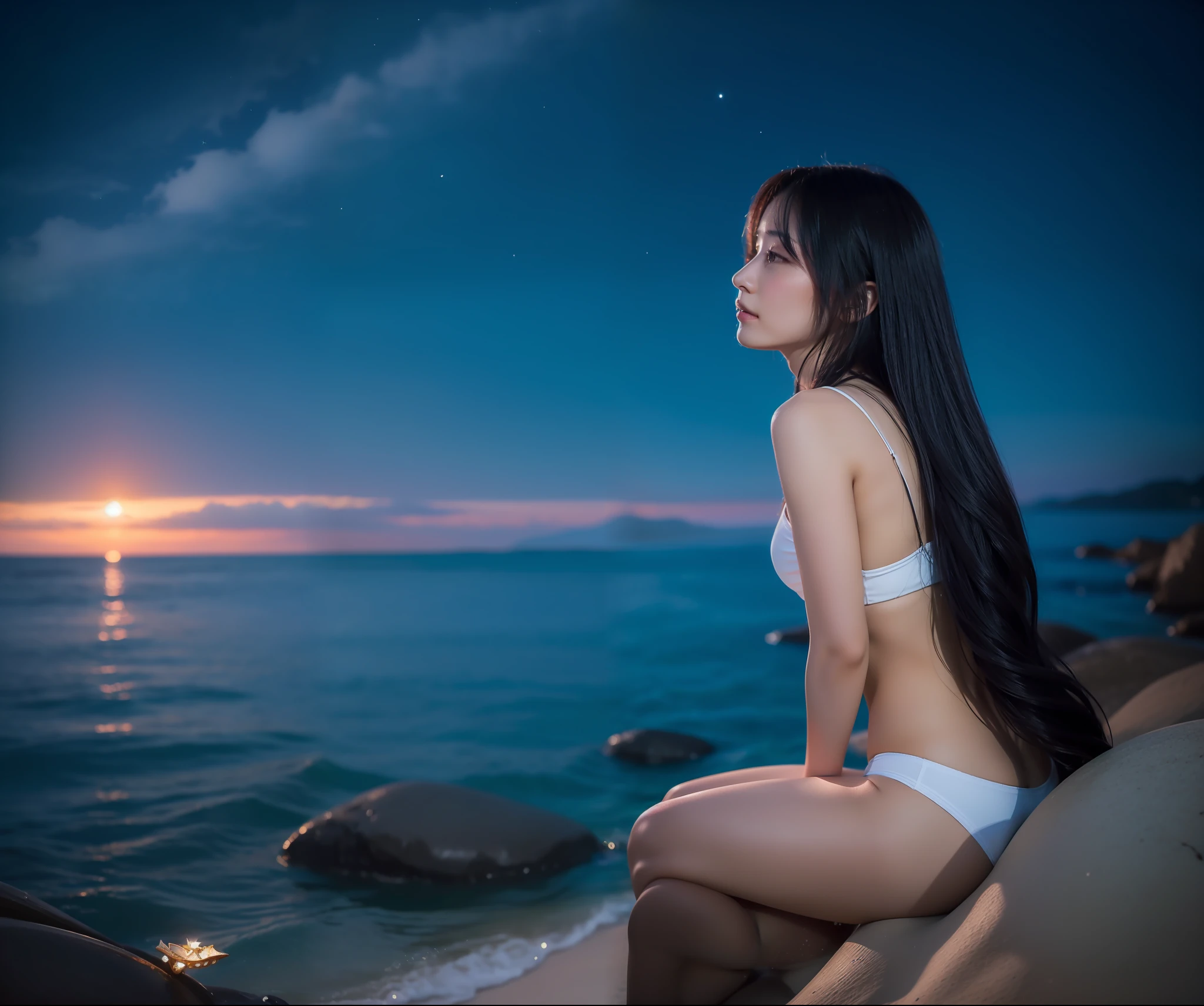 a lonely  siren looking  beyond ,long for an adventure ,dawn and dusk at the same  time ,stars  and moon,fantasy ,romantic，失落的遗迹，led 灯生成的海洋 ,飘渺,浮游生物发光体，轻科幻