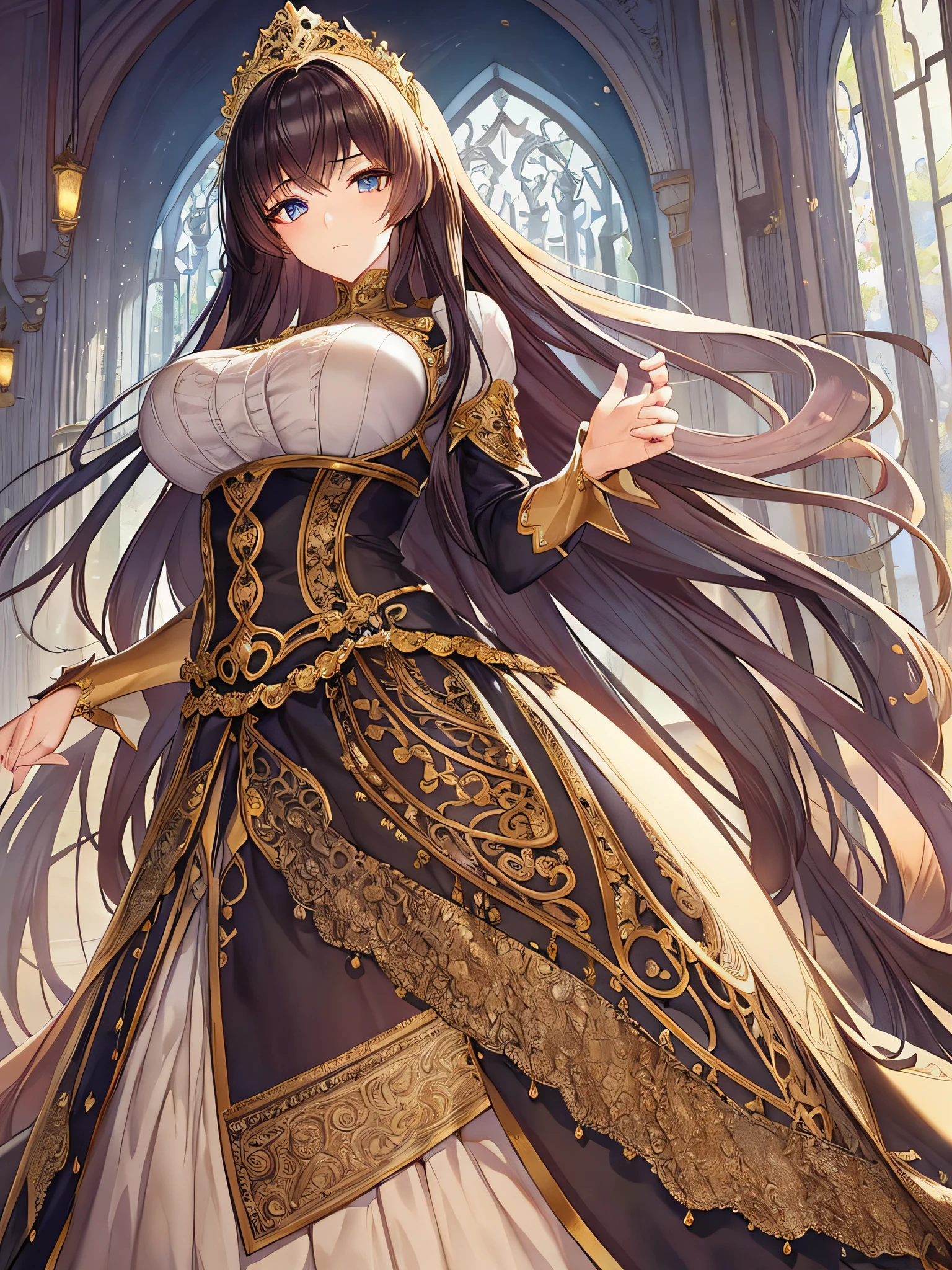 ((anime moe artstyle)),noble atmosphere,(Masterpiece), (Best Quality), (Super Detail),Illustration,(Very Delicate and Beautiful),Dynamic Angle,Looking at viewer,(((Solo))),((Full body)),(((1 gorgeous noble princess in ball gown with a voluminous skirt))),detailed face and eyes,jewel-like eyes,(Very Long Hair),gorgeous embroidery and lace,See-through,ornate ruffles,(gigantic breasts,Long breasts),(gorgeous embroidery ball gown with a voluminous skirt),