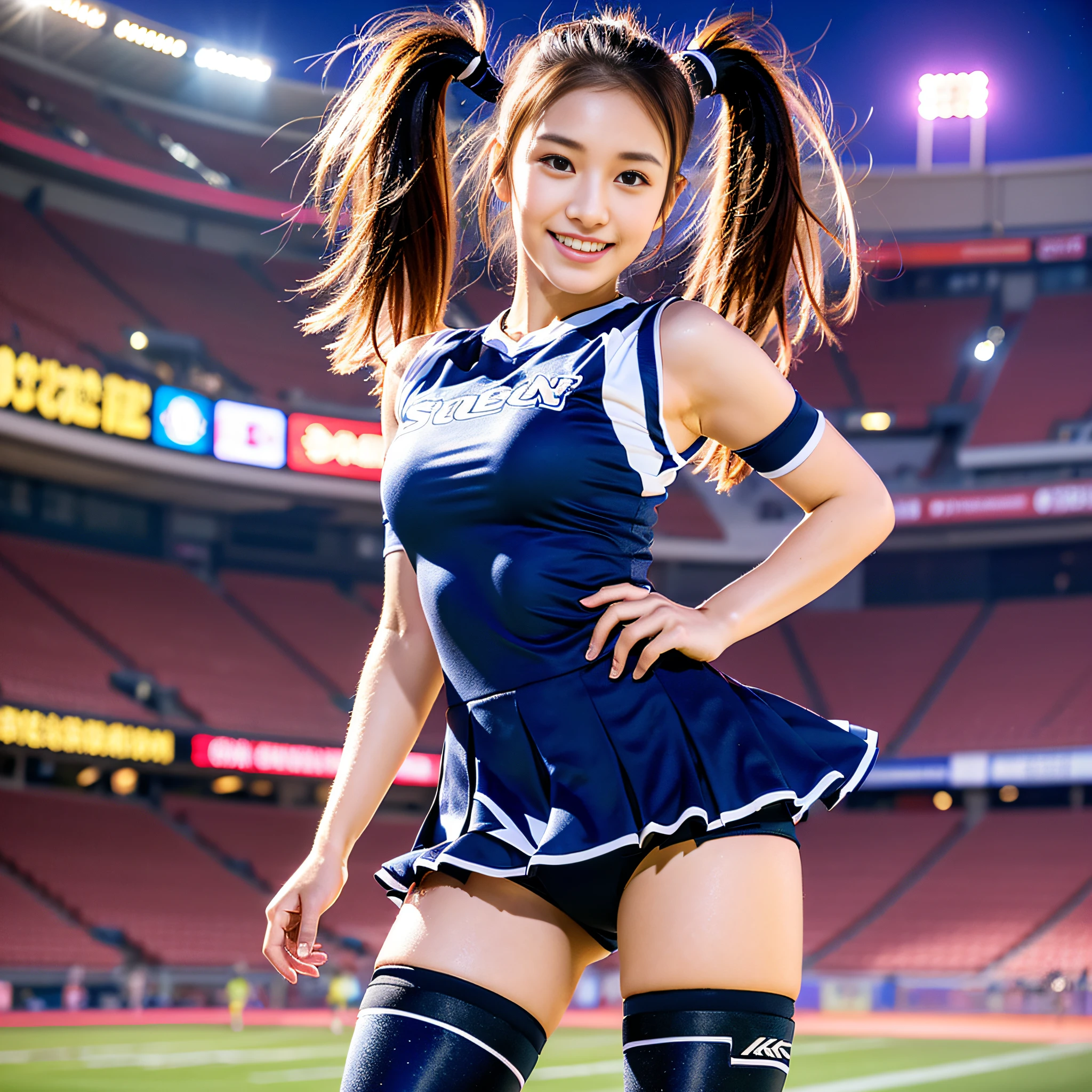 (8k, masterpiece, highest quality, high resolution, photorealistic), (1 girl), densely drawn night stadium, cheerleader, sweat-soaked skin, ruffled miniskirt, knee-high boots, 18 years old, realistic face, double eyelids, model body shape, beautiful Japan, super densely drawn body, dense arms, dense hands, dense feet, smile, soft lighting, focus on face, standing, lighting on face, small face, stadium at night