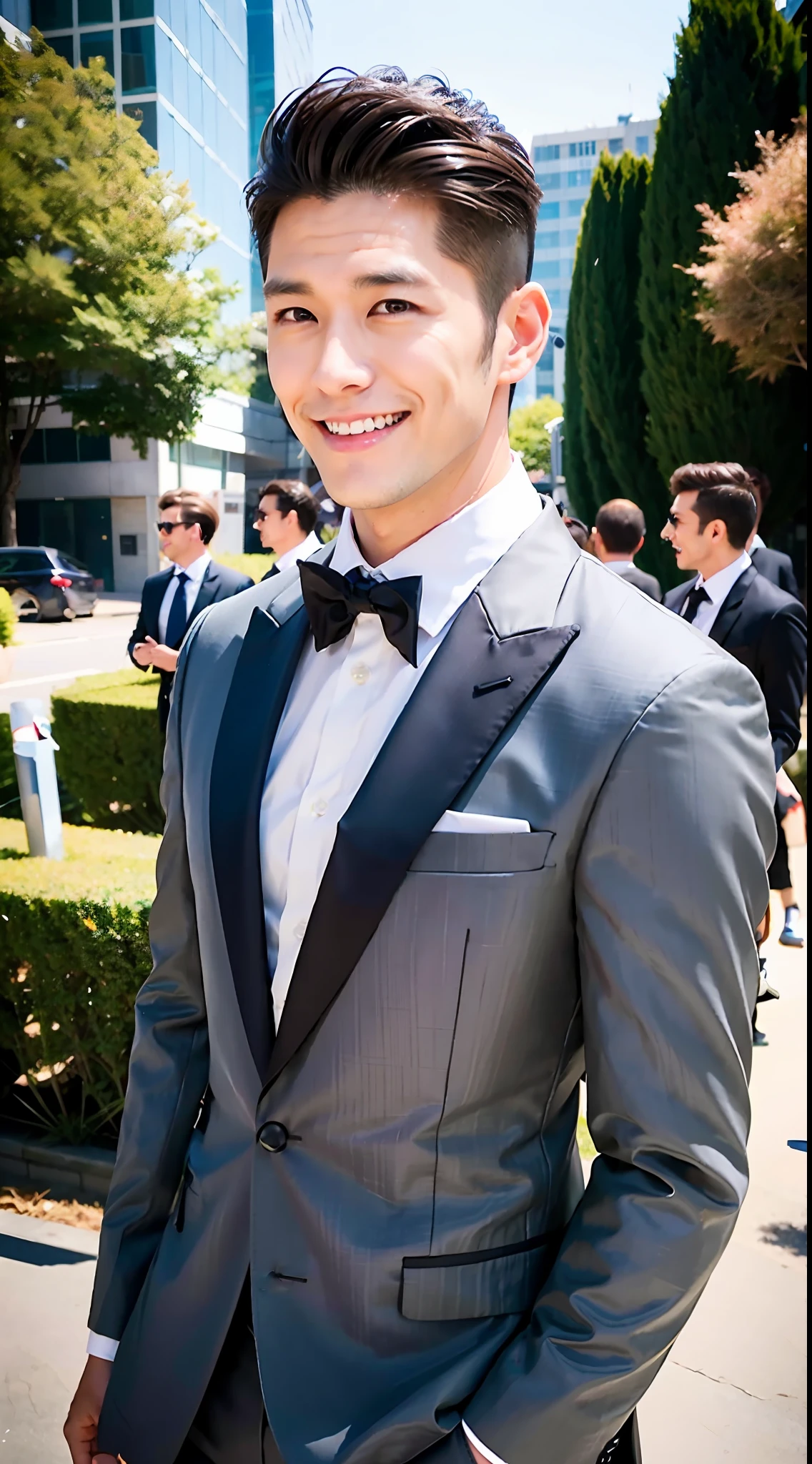 1boy, 35 years old Japanese male, (male:1.5), gray eyes, squint, (very short hair:1.3), under_cut, Pompadour, ((formal)), ((suit)), (handsome, sharp) , smile,))), (stout muscles), (stout physique), SFW, outdoors, detailed background, modern urban,