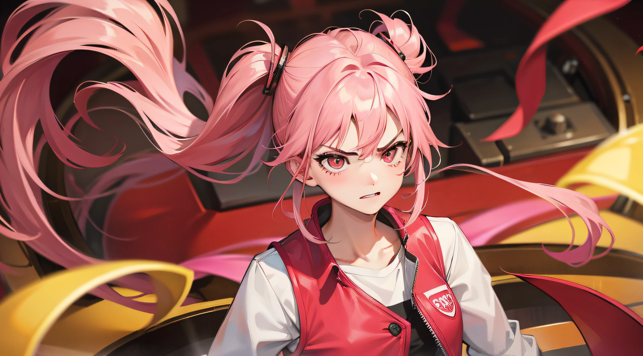 Female, pink hair, wearing a red vest, with an angry face, background: street