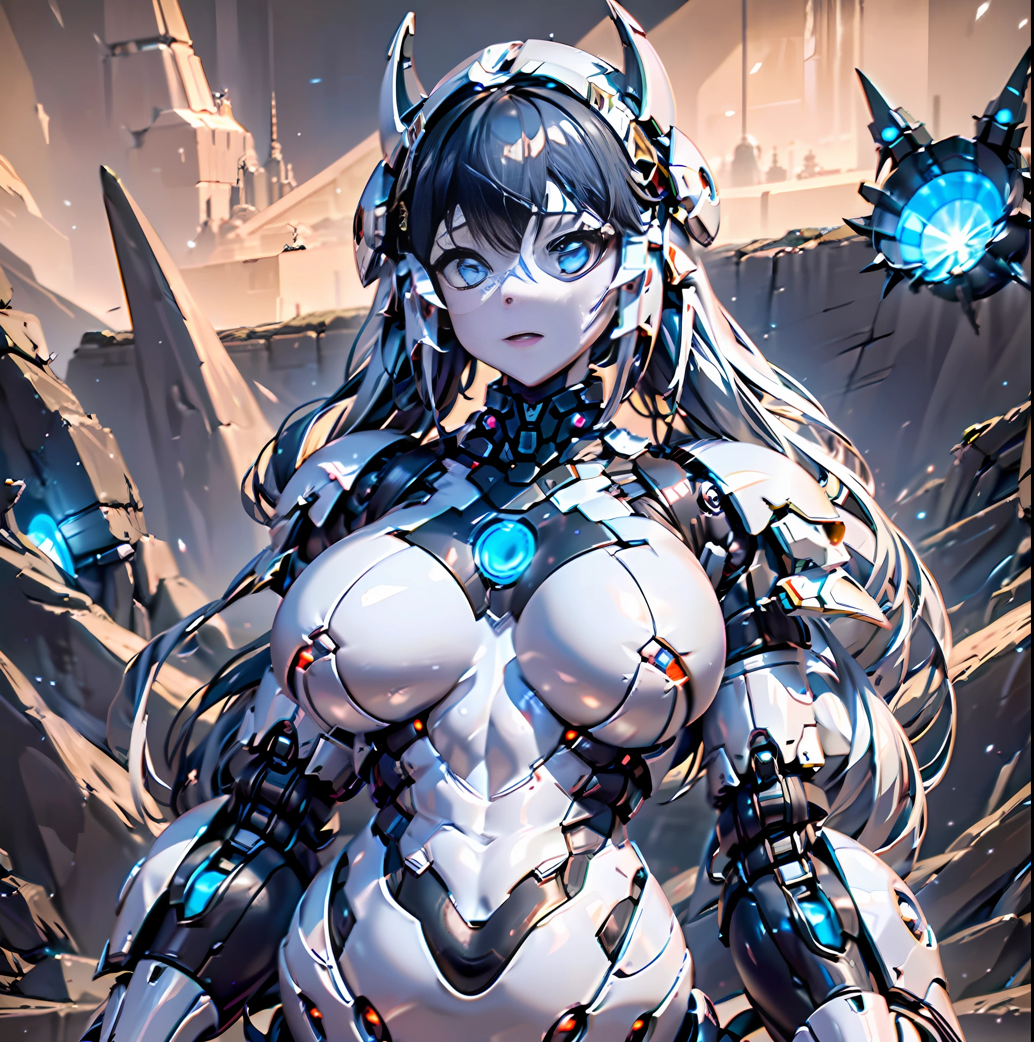(Dark environment: 2.0) Closed room, a young woman's armor with intoxicating curves, enchanting charm, and plump chest, with a high degree of anthropomorphism, the armored body is composed of a human body wearing a white tight one-piece leather suit, the armor color is white, the surface of the body is decorated with random symmetrical blue gemstones, the skin of the character's face is mechanized into white mechanical skin, the whole body of the mecha is parasitized by red mechanized octopus tentacles, the tentacles and the host body are perfectly integrated, the tentacles and the host organs are perfectly integrated, The armored whole body has obvious tentacle features, the white tight one-piece leather clothing on the surface of the armored body is replaced by a black corset formed by parasitic tentacles, revealing the chest, the lower abdomen is exposed, on the back of the body, there is an octopus tentacle tail, the tail and the armored body are perfectly integrated, only one armor is rendered, and there is no other armor in the picture,