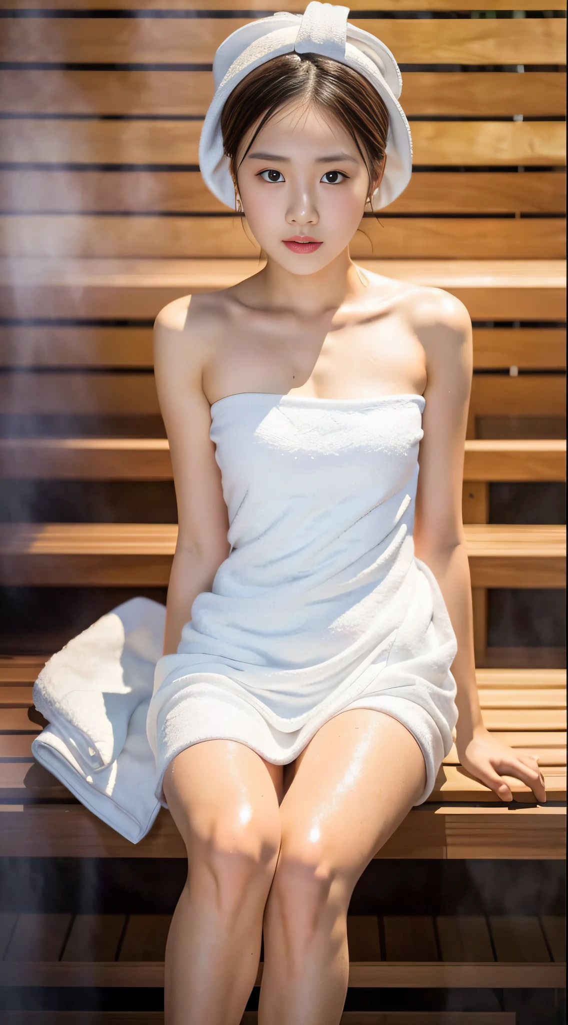 1girl, solo, (Best Masterpiece, Best Quality, 8K,,Photorealistic, Mulberry:1.37), View Viewer, 18 years old, Dainty Japan Woman, Slender Figure : 1.1, Small breasts, sitting, in sauna, blushing cheeks, dark hair, sweat-wet skin: 1.2, (white large size towel fabric dress, strapless), (small size, White towel turban: 1.1), Finnish sauna, realistic body, makeup, gloss slip, focus on face, small face