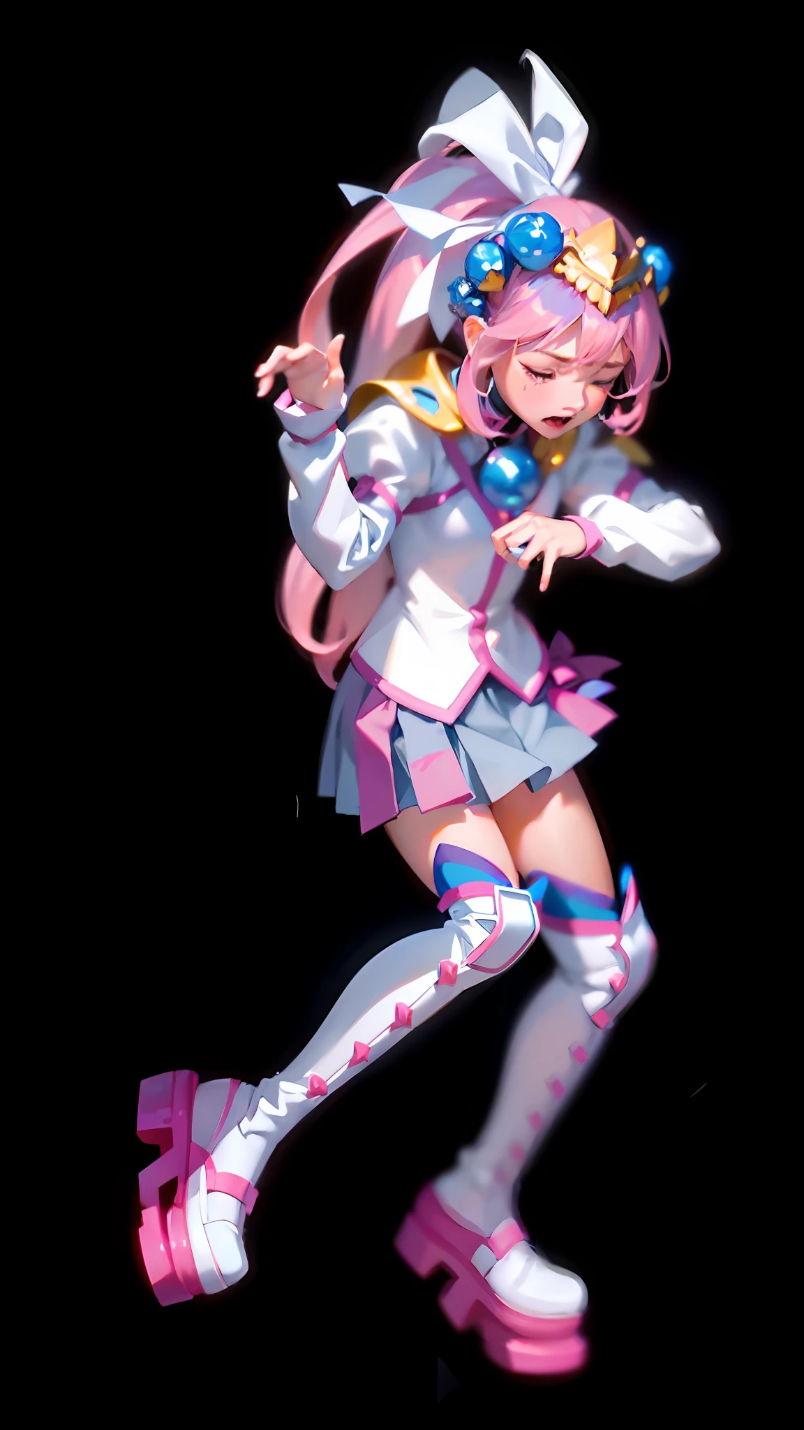 (Lora+QuickHand: 1.2), (Masterpiece: 1.5), (Best Quality: 1.5), 8K resolution, (Perfect Hand: 1.5), a girl's beautiful expression with her eyes closed, beaten and crying, small mouth, (pink hair: 1.3 + single ponytail), (white top: 1.2), (pink pleated skirt: 1.2), (pink over-the-knee socks: 1.2), (white boots: 1.2), (no background: 1.5), (slender legs: 1.2) ), the light source on the right "