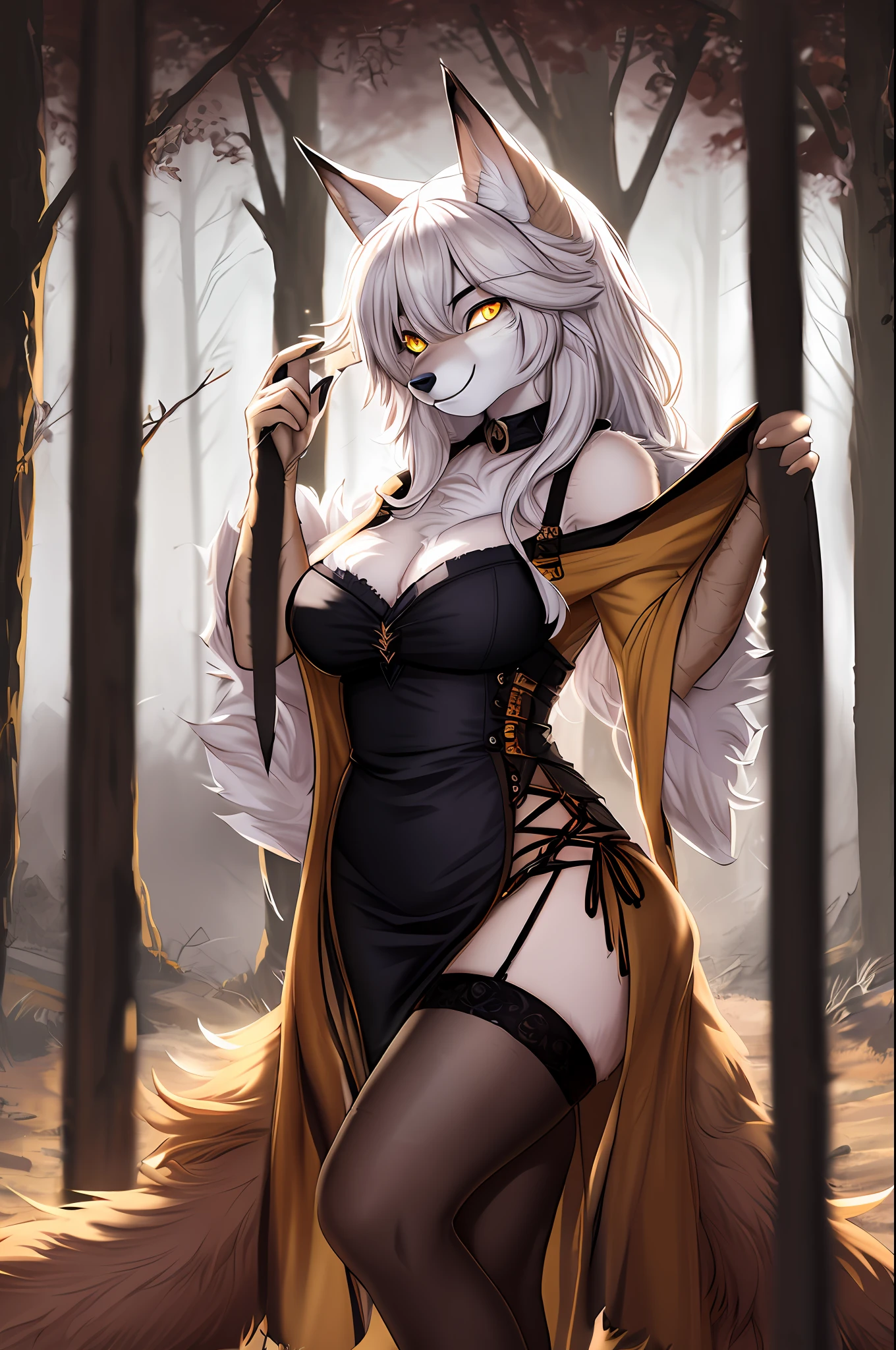 (Masterpiece, Best Quality), Furry, Furry Female, 1 Girl, Yellow Eyes, animal_ears, Canine, Fox, Sketch, Detailed Fur Skin, Witch Costume, Sharp Focus, Fluffy, Forest Background, HDR, NSFW, Black Animal Nose, Ur Body Solo, Tail, White Hair, 8k, (Super Realistic Photo, RAW Photo, Furry:1.3), Furry, Furry Female, 1 Girl, Yellow Eyes, animal_ears,  hair_over_one_eye, looking_at_viewer, white fur,