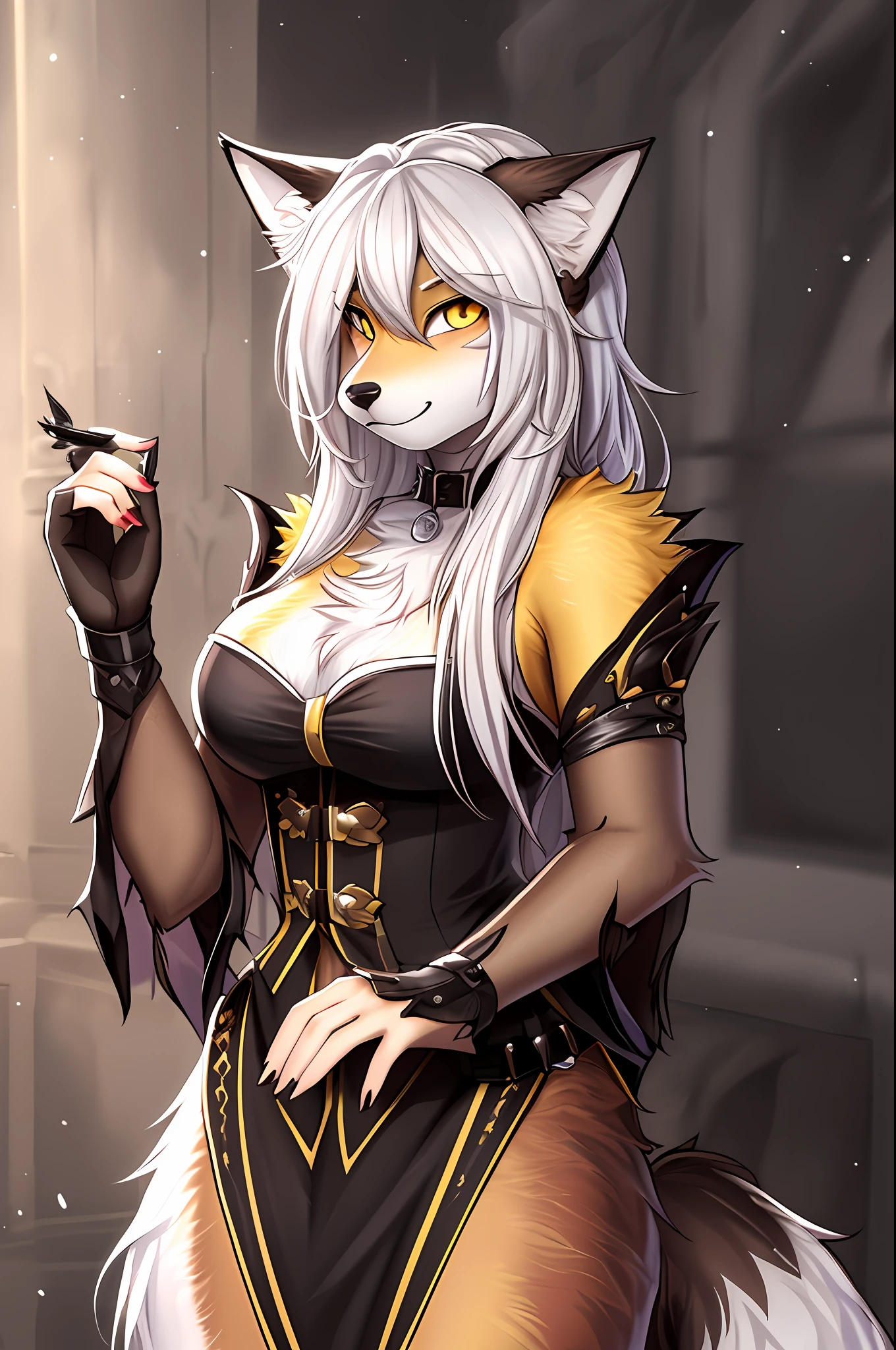 (Masterpiece, Best Quality), Furry, Furry Female, 1 Girl, Yellow Eyes, animal_ears, Canine, Fox, Sketch, Detailed Fur Skin, Witch Costume, Sharp Focus, Fluffy, Forest Background, HDR, NSFW, Black Animal Nose, Ur Body Solo, Tail, White Hair, 8k, (Super Realistic Photo, RAW Photo, Furry:1.3), Furry, Furry Female, 1 Girl, Yellow Eyes, animal_ears,  hair_over_one_eye, looking_at_viewer, white fur,