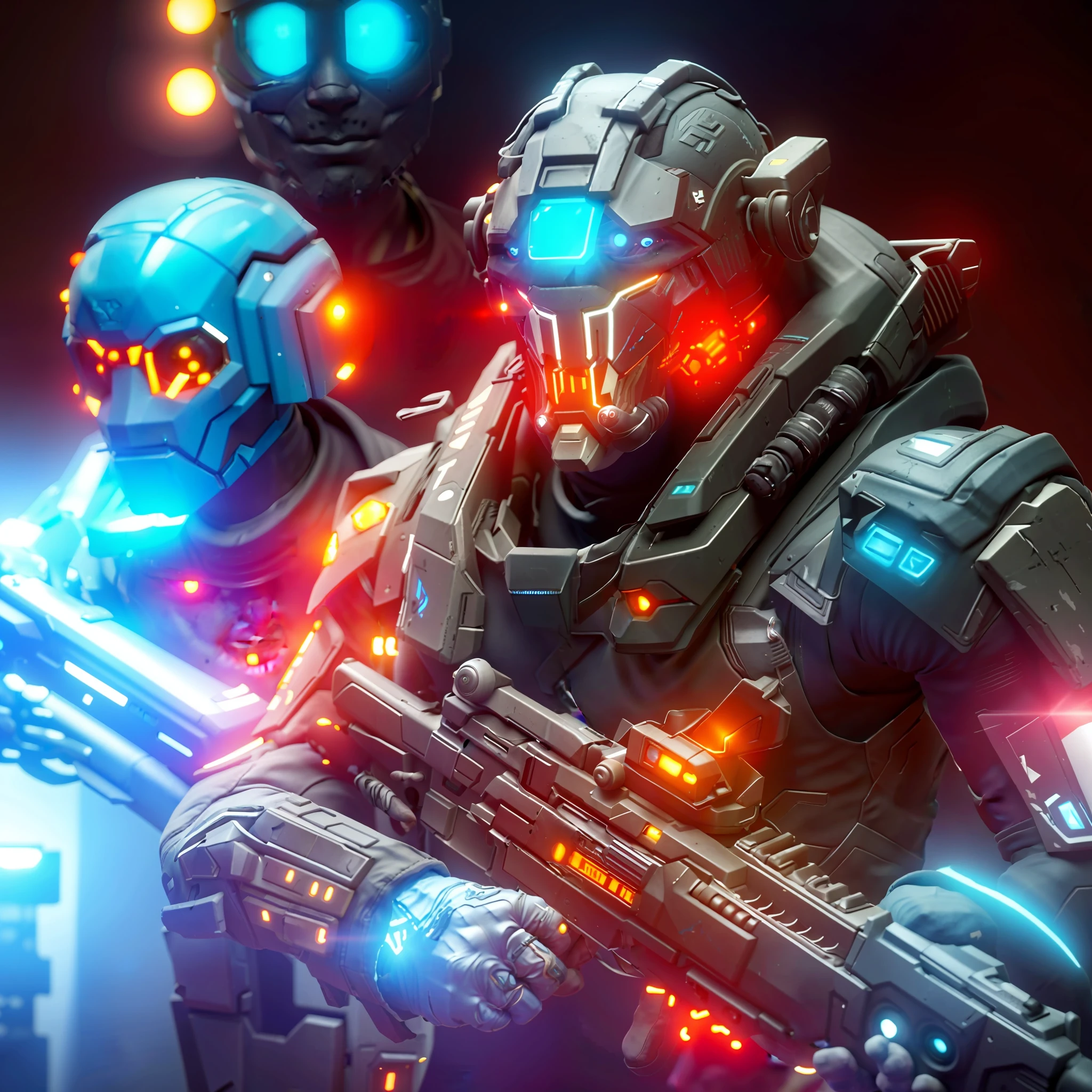 a close up of two soldiers with glowing eyes and weapons, cyberpunk soldier, menacing. unreal 5, killzone, futuristic. game cg, octane trending on cgsociety, trending in cgsociety, soldiers and mech fight, helghast, ultra detailed game art, futuristic soldier, [ trending on cgsociety ]!!, metal and glowing eyes, sci-fi soldier
