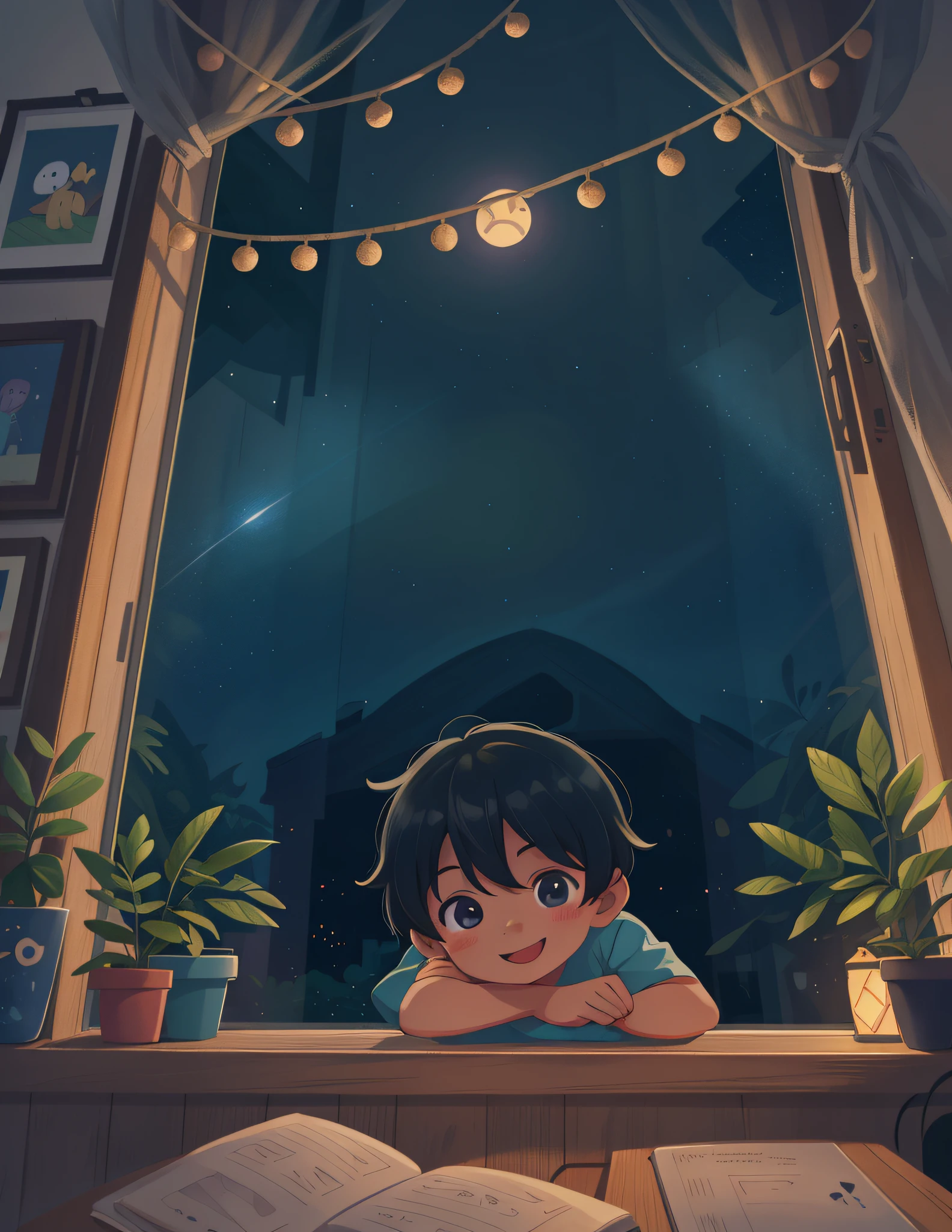 In a dark children's room a happy five-year-old boy looks out the window at the night sky outside, (8k illustration), (Best quality) (Intricate details) (8K)