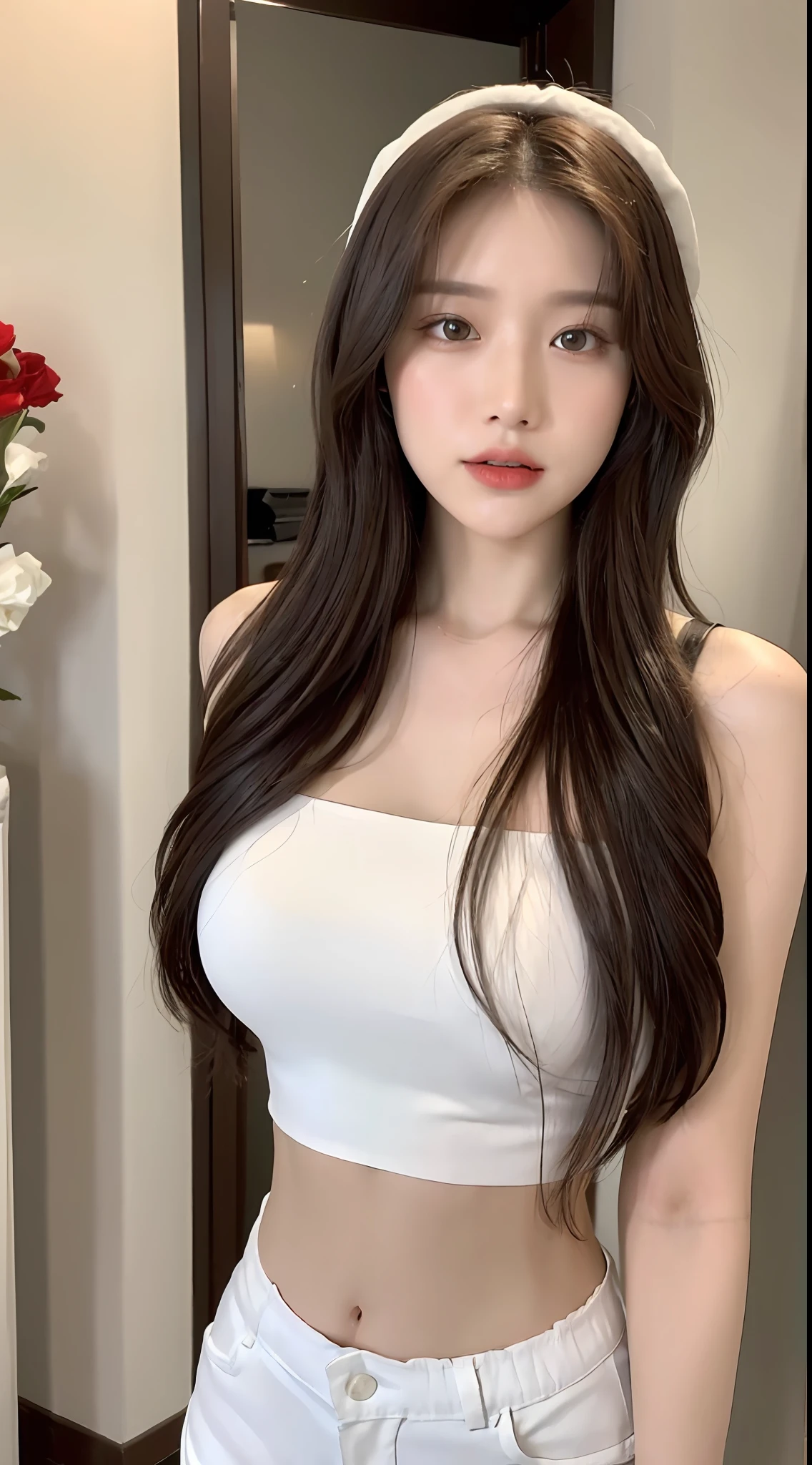If not dressed (((Top Quality, 8K, Masterpiece: 1.3)), (Flower Cap: 1.3), Focus: 1.2, Perfect Body Beauty: 1.4, Buttocks: 1.2, (Layered Haircut: 1.2)), (Dark Street: 1.3), Highly detailed face and skin texture, full body, delicate eyes, double eyelids, whitened skin, long hair, (Round face: 1.5), ( Loose crop top, shorts: 1.6)