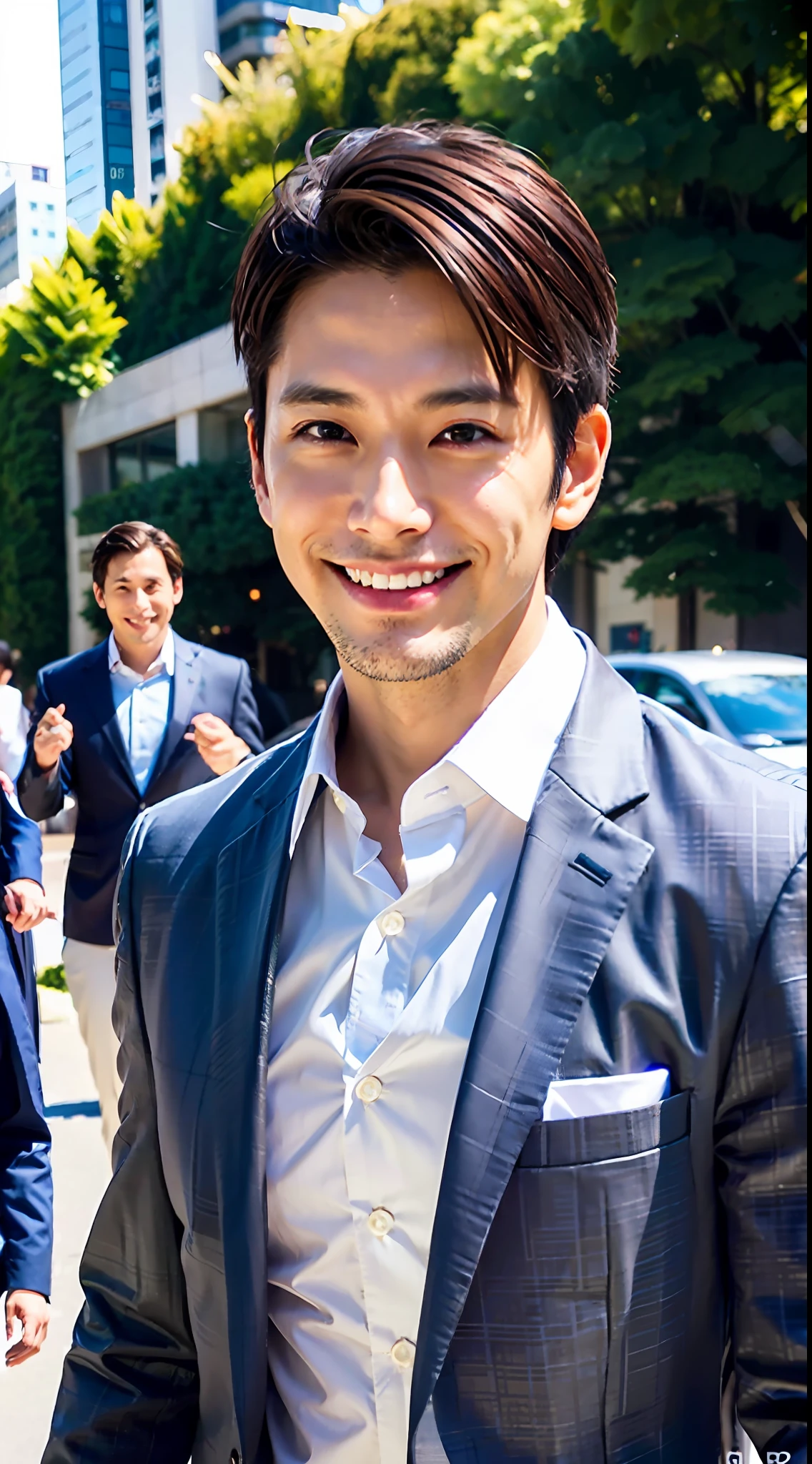 1boy, 35 years old Japanese male, (male:1.5), gray eyes, squint, (very short hair: 1.3), under_cut, ((shirt)), ((suit)), (handsome, sharp) , smile,))), (stout muscles), (stout physique), SFW, outdoors, detailed background, modern urban,