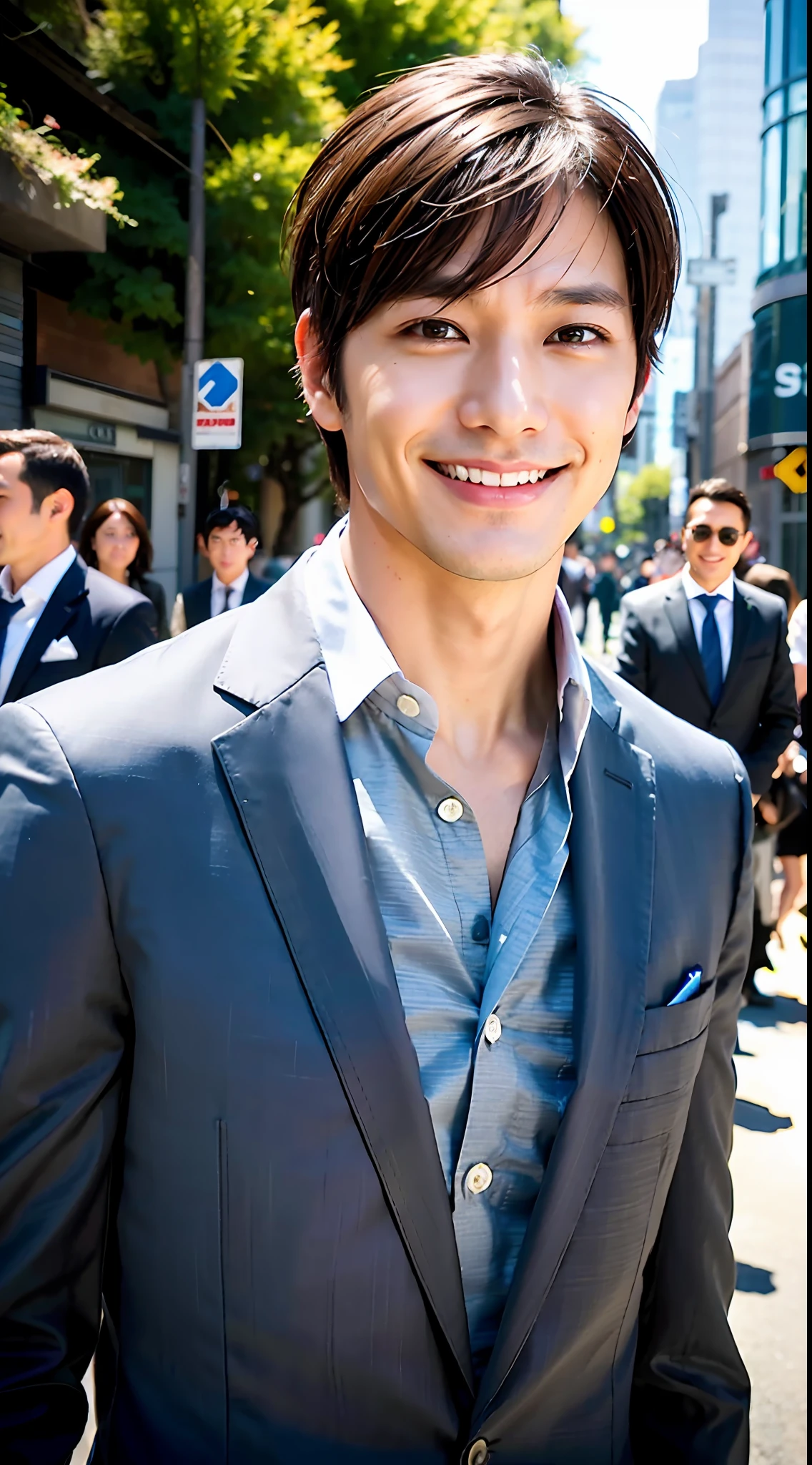 1boy, 35 years old Japanese male, (male:1.5), gray eyes, squint, (very short hair: 1.3), under_cut, ((shirt)), ((suit)), (handsome, sharp) , smile,))), (stout muscles), (stout physique), SFW, outdoors, detailed background, modern urban,
