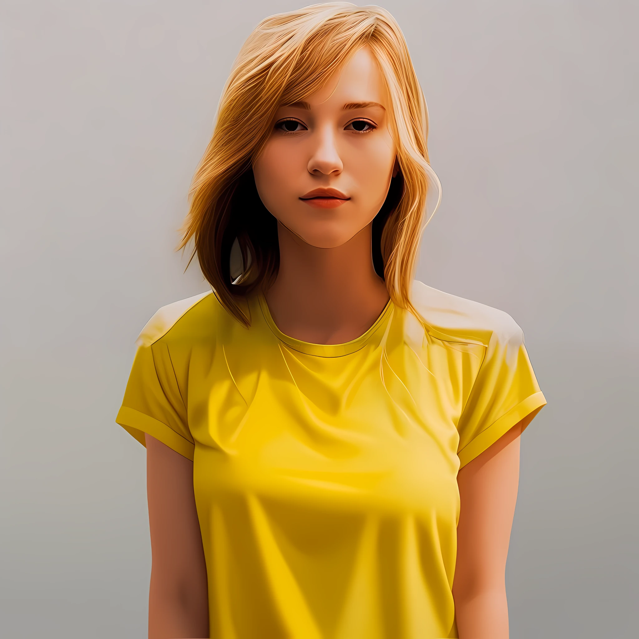blond woman with yellow shirt and white shirt looking at camera, realistic digital painting, hyperrealistic , photorealistic digital painting, hyperrealistic digital painting, hyperrealistic digital art, very realistic digital art, photorealistic portrait, hyper realistic color photo, ultra realistic digital painting, realistic digital art, digital art. photo realistic, hyper realistic digital painting, photorealistic digital art