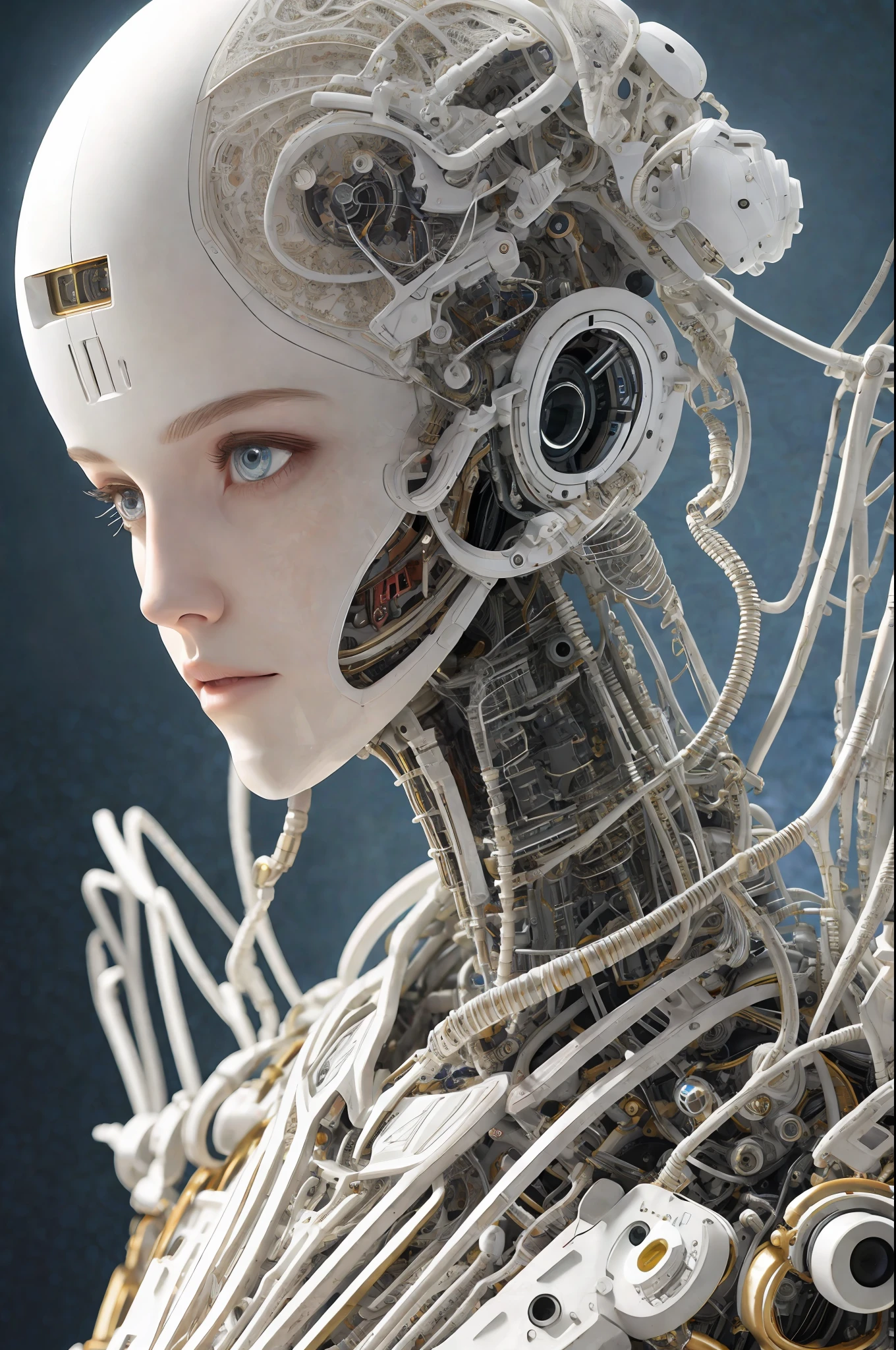 ultra detailed complex 3d rendering of a gorgeous porcelain profile android face, cyborg, robotic parts, 150 mm, beautiful soft studio light, rim light, vibrant details, luxurious cyberpunk, lace, hyper-realistic, anatomical, facial muscles, electrical cables, microchip, elegant, beautiful background, octane rendering, HR Giger style, 8k, best quality, masterpiece, illustration, extremely delicate and beautiful, extremely detailed, CG, unit, wallpaper, (realistic, photorealistic: 1.37), amazing, finely detailed, masterpiece, best quality, official art, 8k unit wallpaper CG extremely detailed, absurd, incredibly absurd, robot, full body, sitting, 16:9