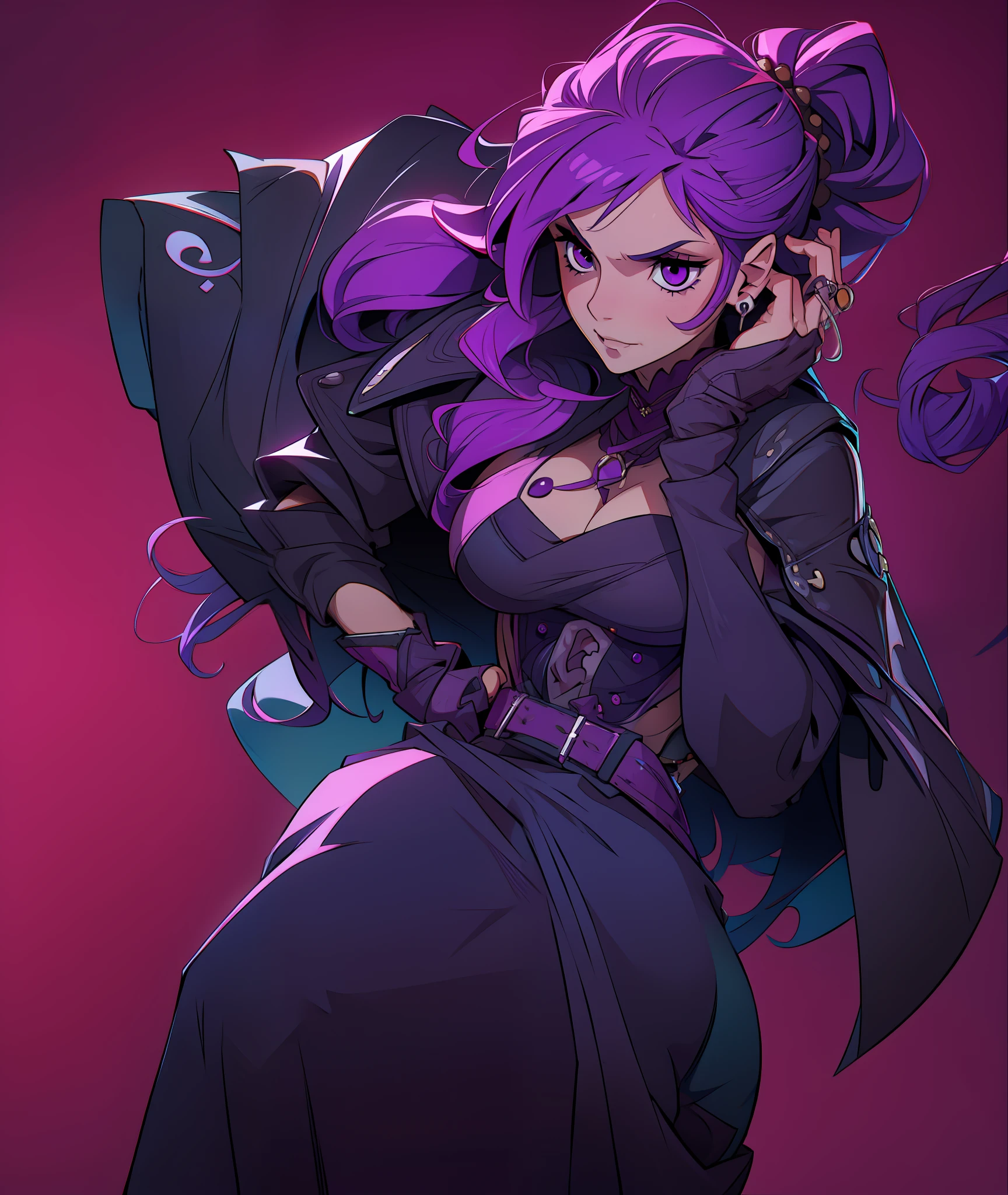 1girl, purple hair, purple eyes, long hair, gothic, vampire, hot, busty