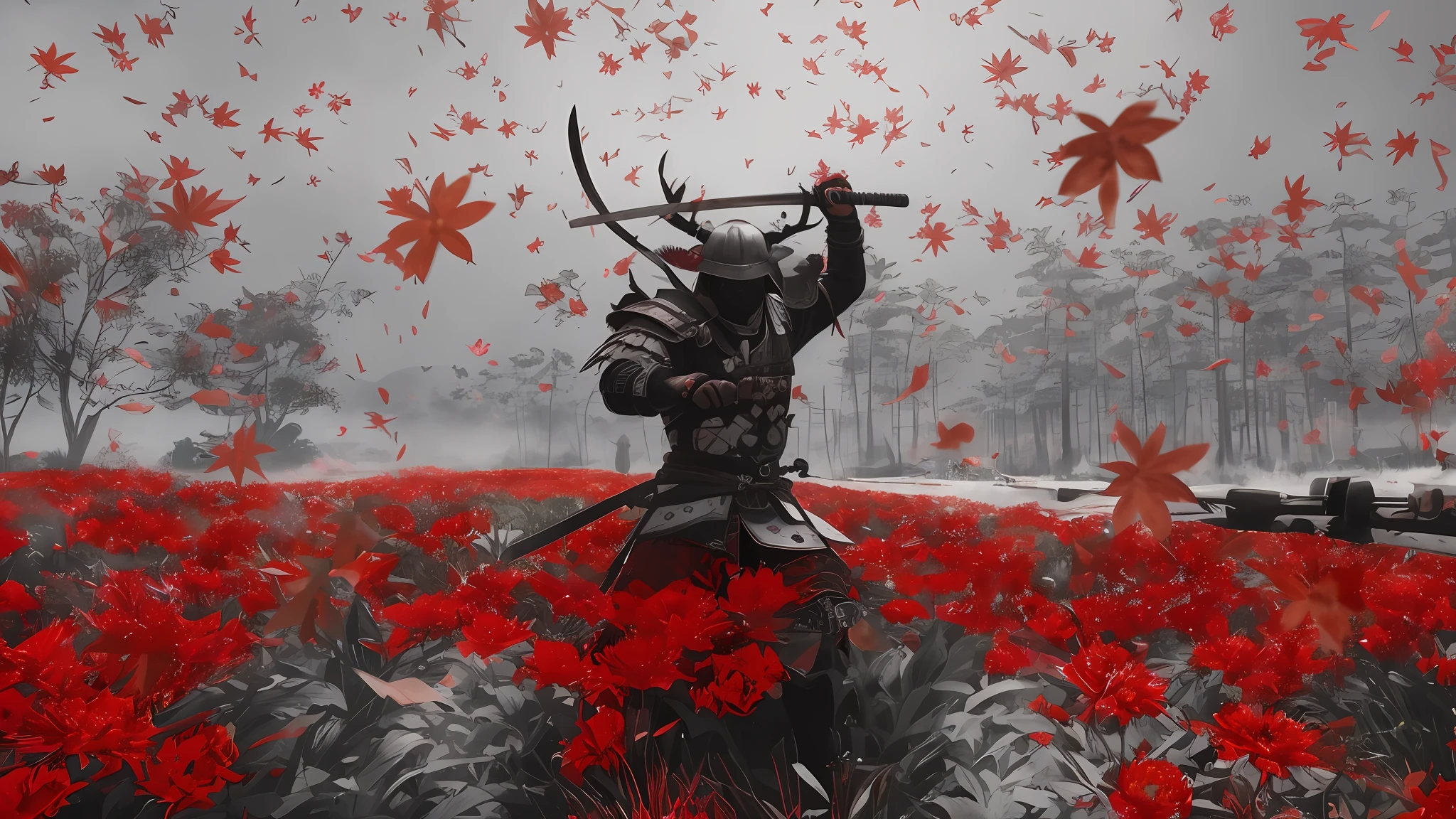 there is a man with a sword in a field of red flowers, black bull samurai, samurai, inspired by Kanō Hōgai, samurai style, samurai warrior, ghost of tsushima, moon bull samurai, epic samurai warrrior, feudal japan art, bow ashigaru, as samurai, inspired by Kōshirō Onchi