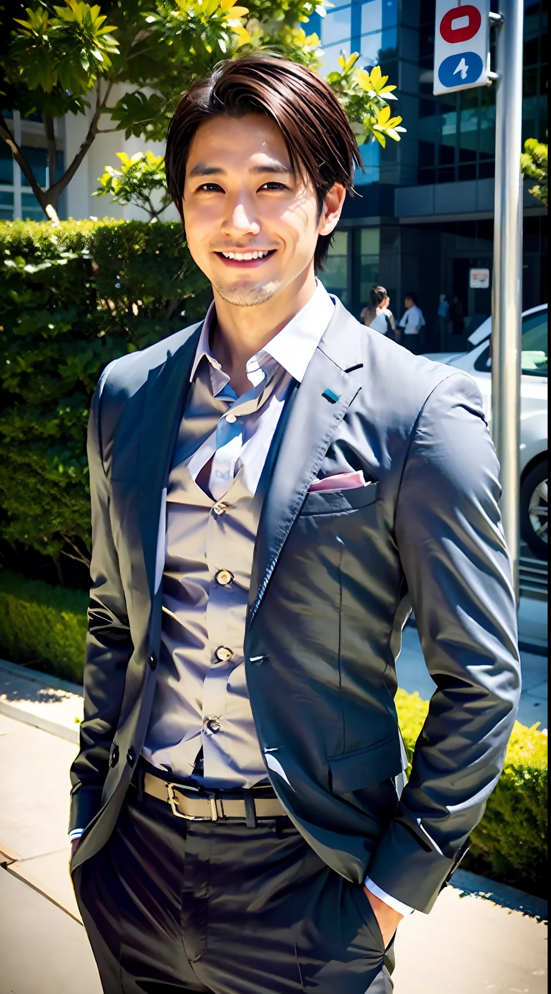 1boy, 35 years old Japanese male, (male:1.5), gray eyes, squint, (very short hair: 1.3), under_cut, ((shirt)), ((suit)), (handsome, sharp) , smile,))), (stout muscles), (stout physique), SFW, outdoors, detailed background, modern urban,