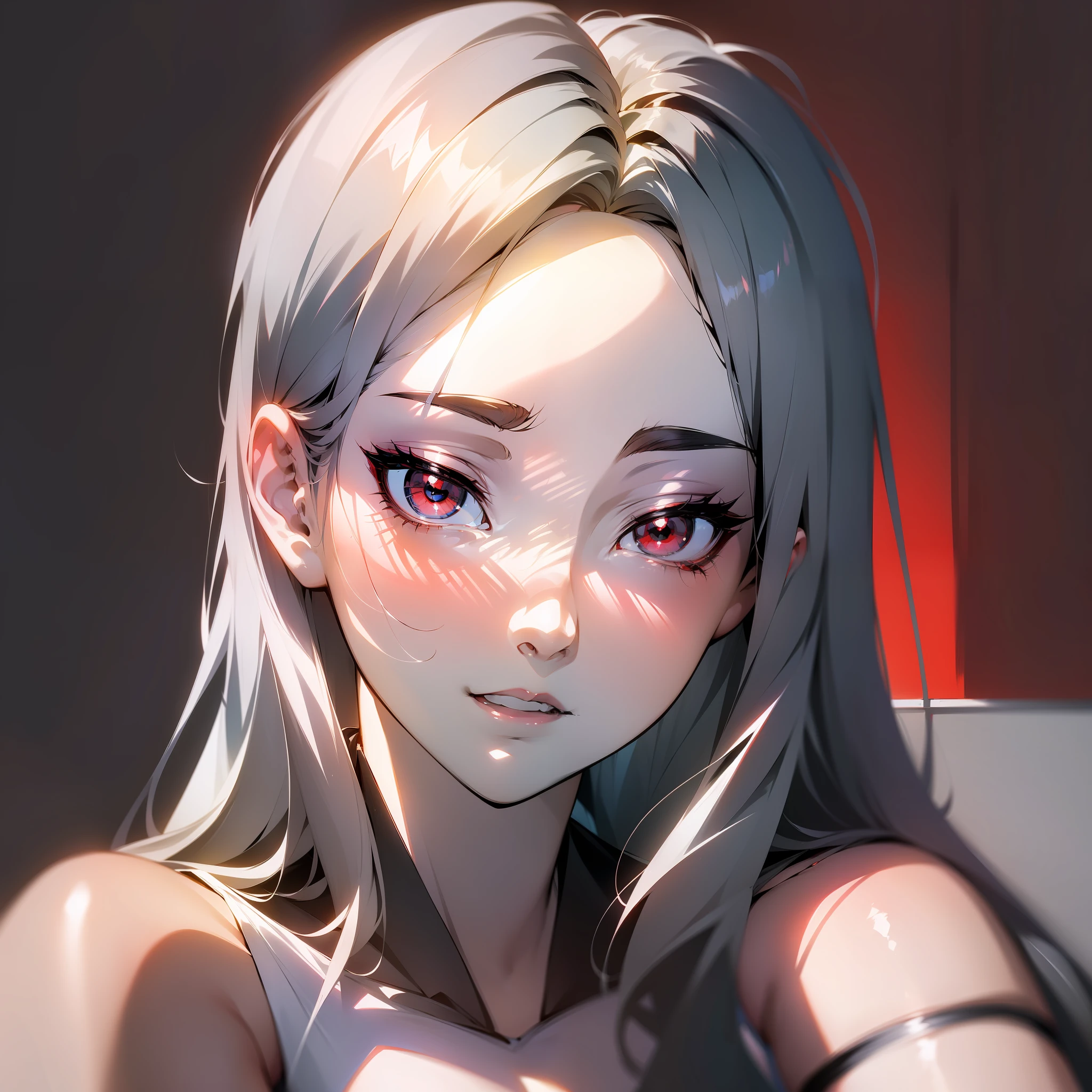 (Japanese anime, slender, glossy, light and shadow, shadow, tsundere style), best image quality, silver hairstyle, red eyes, white shirt, monochrome background, panties, lingerie, sexy.