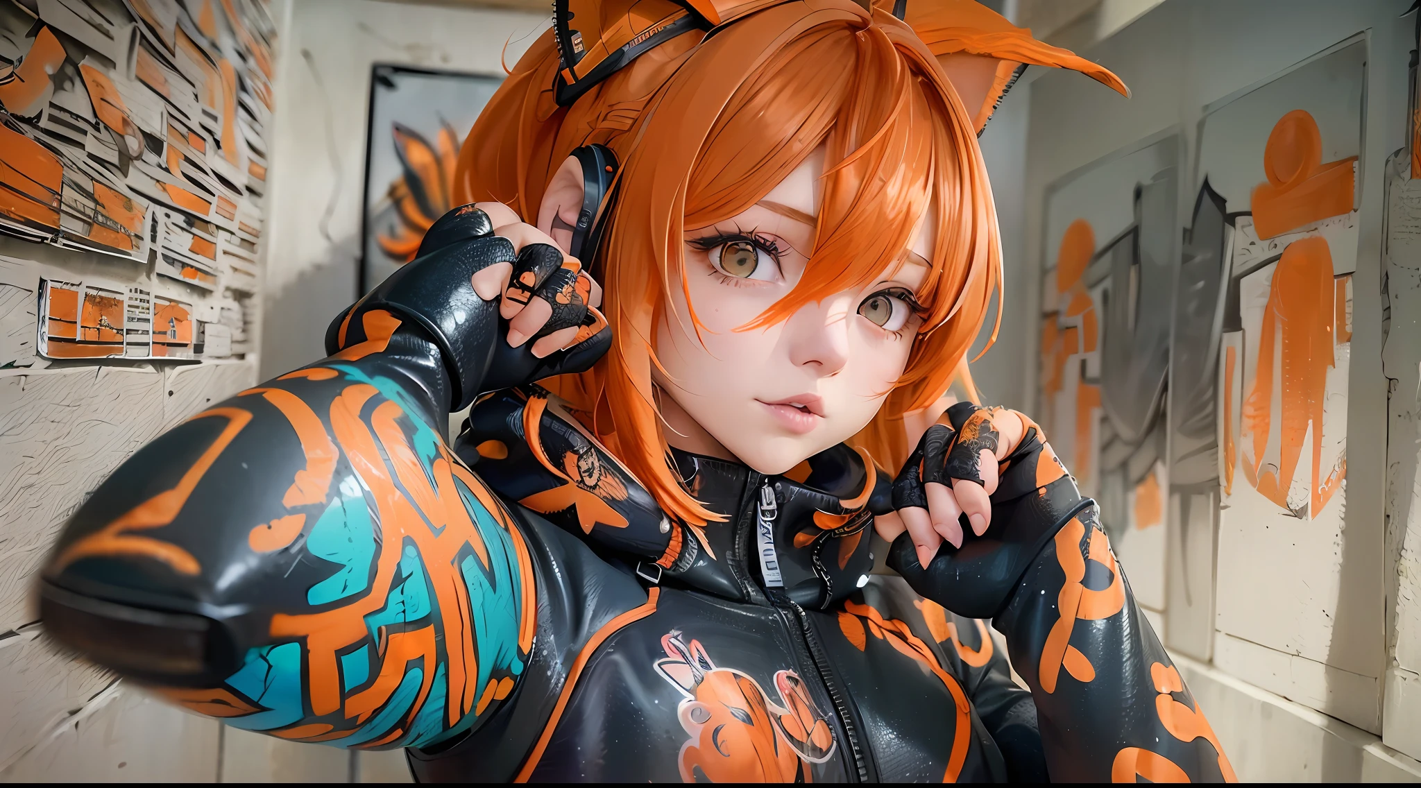 (Masterpiece: 1.2), best quality, (illustration: 1.2), (ultra-detailed), eye focus, (masterfully crafted brightness, pink lens brightness), (cinematic background), hyper details, (delicate detailed), (intricate details), octane render, hdr, (hyperdetailed: 1.15), (color))), (soft light: 1.2), 1girl, (lynx ears: 1.3), (lynx girl), (cat tail: 1.5), beautiful girl, ultra detailed eyes, mature, fat, thick, rainbow paint drops, ink teardrops, woman made of paint, entirely paint, splat, splash, (out), (bob cut: 1.5), (bright eyes: 1.2), ((makeup)), (cinematic masterpiece), fierce, powerful, absolutely attractive splashes of color, (cinematic headlight), (realistic lighting of heels: 1.2), ((caustic)), dynamic angle, beautiful detailed brightness, ambient occlusion, ambient light, raytraced reflections, (better lighting, an extremely delicate and beautiful light), ((cinematic light)), (soft: 2), (whimsical:2) , intricate, vibrant, dreamlike background, (graffiti painting:1.3), (bright tail), (painted cityscape), (urban),(realistic urban fashion), (expressive:1.2), fitness, athletic, (mirrored world), (long black hair, fluid:1.1), wavy, voluminous and messy hair, going all the way to the floor, (orange hair highlights), bright headphones, beanie, (graphite wall), unfinished graffiti, ghetto,(looking at the wall:2),black hoodie,(back wall present),(holding spraycan:1.3), (colored mist), buckles, belts, straps, a girl in front of a graffiti wall, cyberpunk art, (by LAM), Mika Pikazo, graffiti, techwear jacket, black gloves, with buckle and duct tape, (orange hair:2), shirtless, orange pants glued, arms outstretched, legs open, showing lots of skin, anime pose
