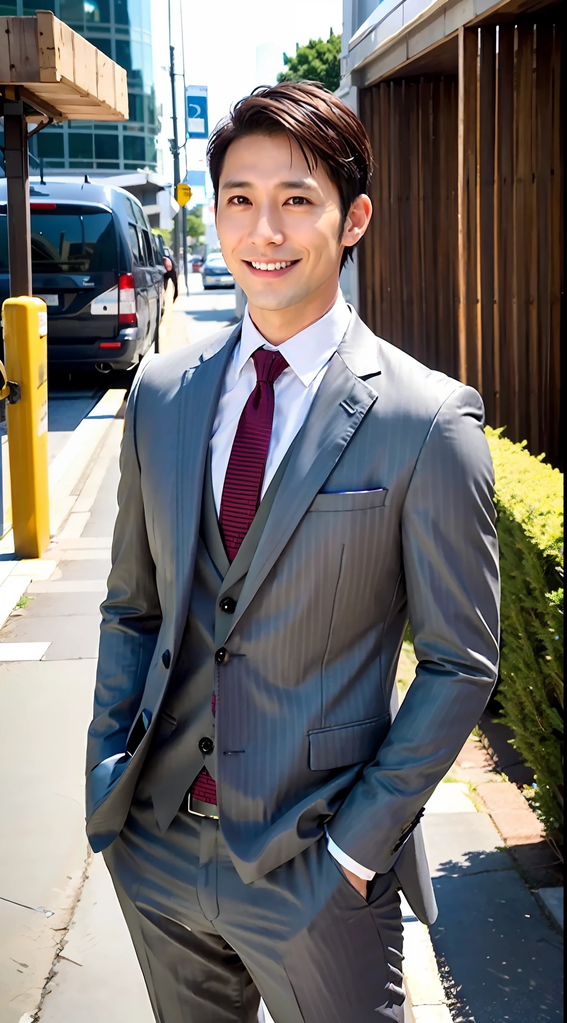 1boy, 35 years old Japanese male, (male:1.5), gray eyes, squint, (very short hair: 1.3), under_cut, ((shirt)), ((suit)), (handsome, sharp) , smile,))), (stout muscles), (stout physique), SFW, outdoors, detailed background, modern urban,