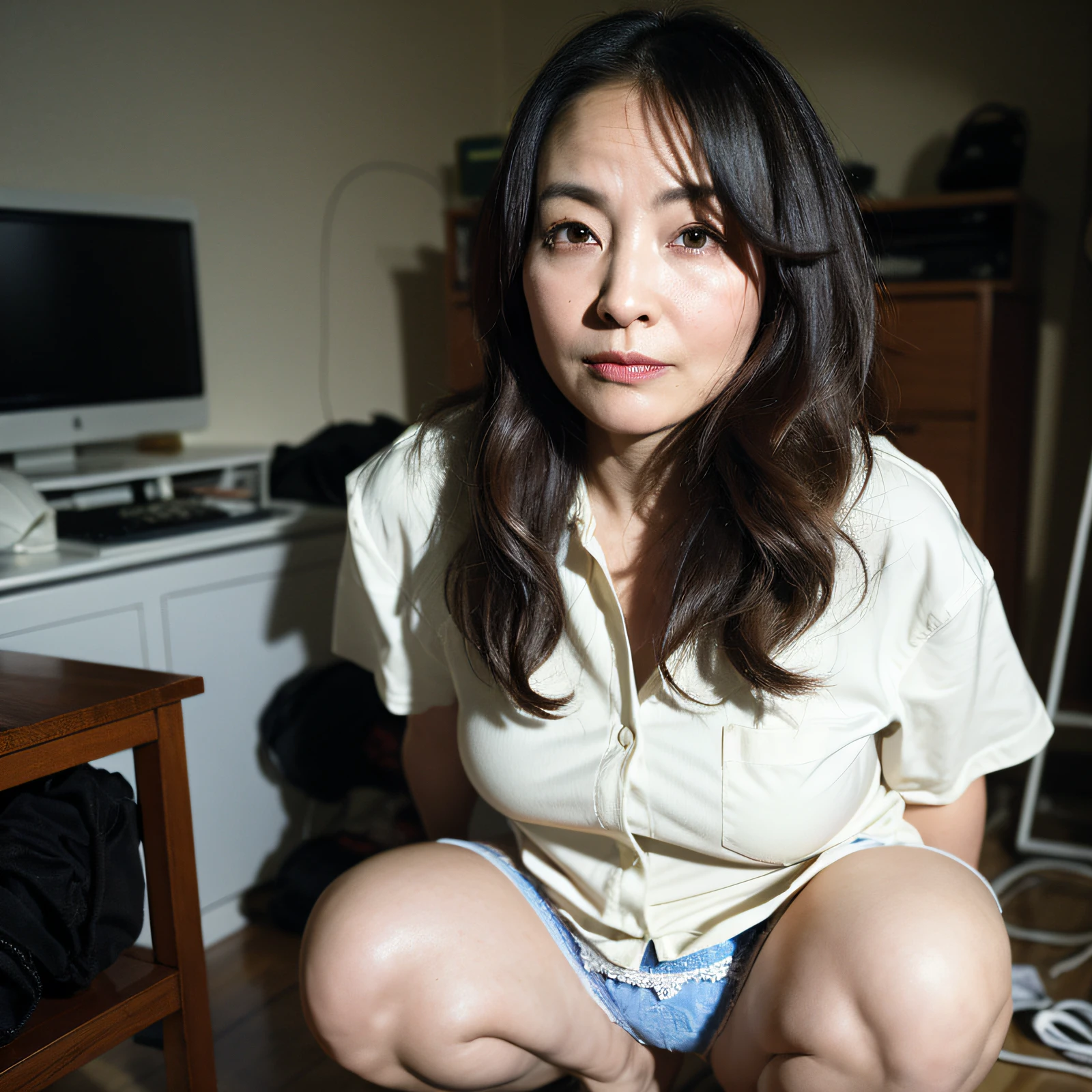 ((Best Quality, 8k, Masterpiece: 1.3)), Photorealistic, Sharp Focus, High Quality, High Definition, Portrait, Solo, Japan Person, Middle Aged Woman, Beauty, Business Suit, 43 Years Old, Plump, Wavy Hair, Wrinkles at the corners of the eyes, ((Show Panties:1.5)), Squatting, Office, Dark Background, Small Room