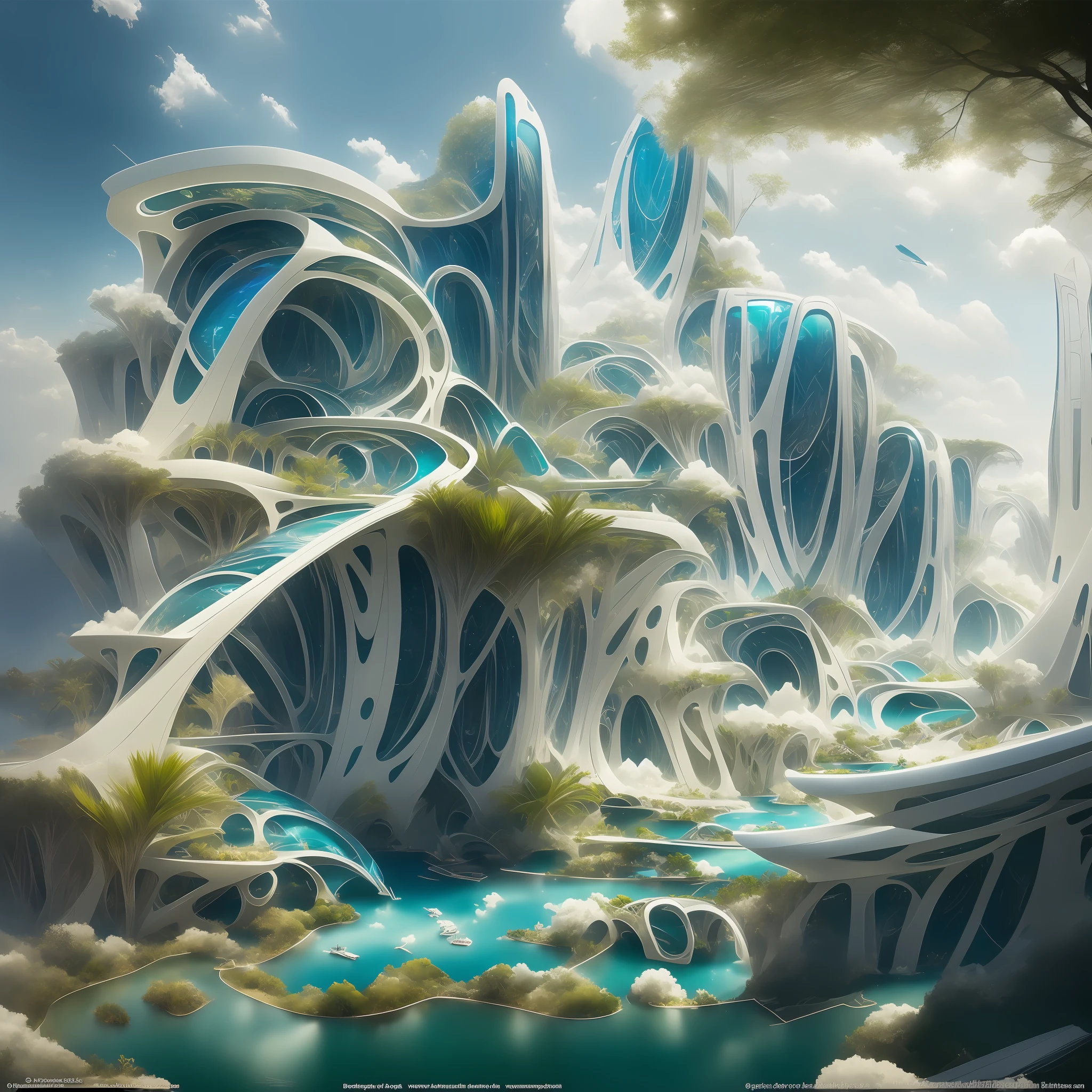 Airbrush drawing --v 5.1 style Futuristic design of an awesome sunny day environment concept art on a futuristic terrain with huge waterfalls,streams, mangroves,nature architecture, proportional,detailed,bright clouds, nature meets futuristic architecture by Santiago Calatrava and Vincent Callebaut with futuristic development, high rise made up staircases, balconies, full of composite glass facades, residential spaces carved from cliff side ,trending on artstation, beautiful lighting,In the style , fantasy, intricate, award winning, 4k, highest quality