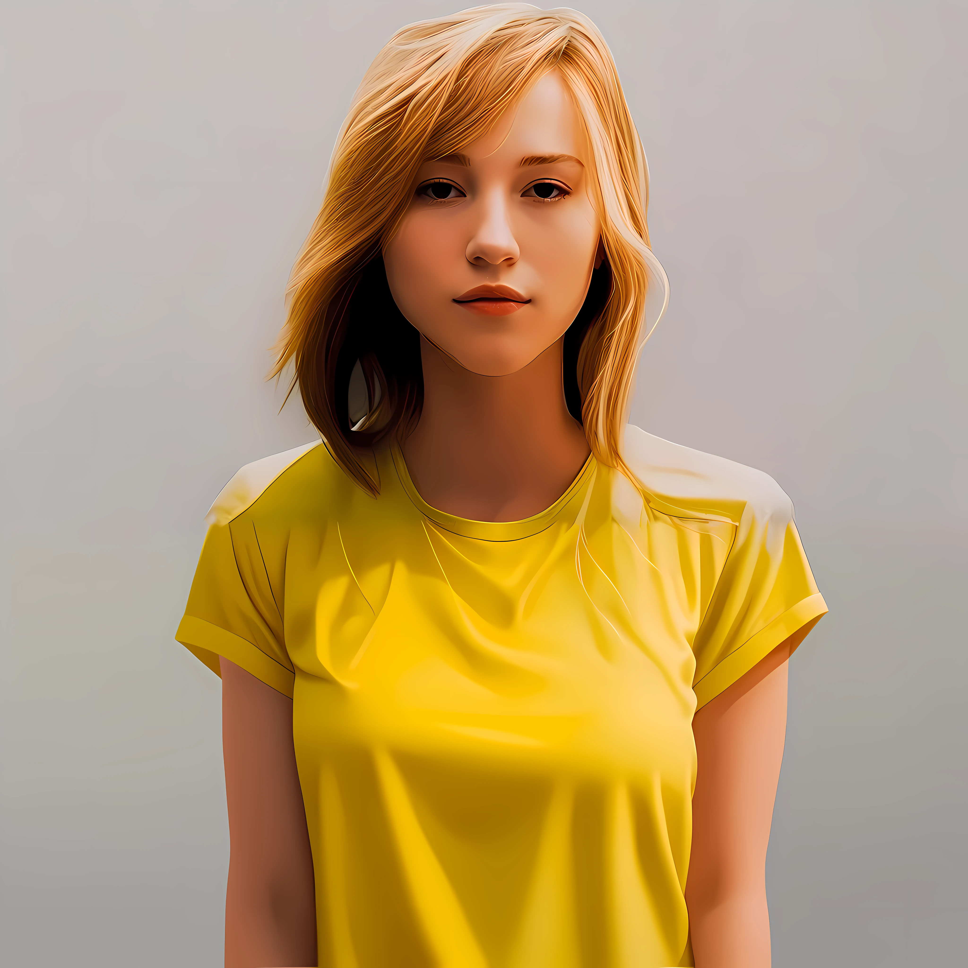 blond woman with yellow shirt and white shirt looking at camera, realistic digital painting, hyperrealistic teen, photorealistic digital painting, hyperrealistic digital painting, hyperrealistic digital art, very realistic digital art, photorealistic portrait, hyper realistic color photo, ultra realistic digital painting, realistic digital art, digital art. photo realistic, hyper realistic digital painting, photorealistic digital art